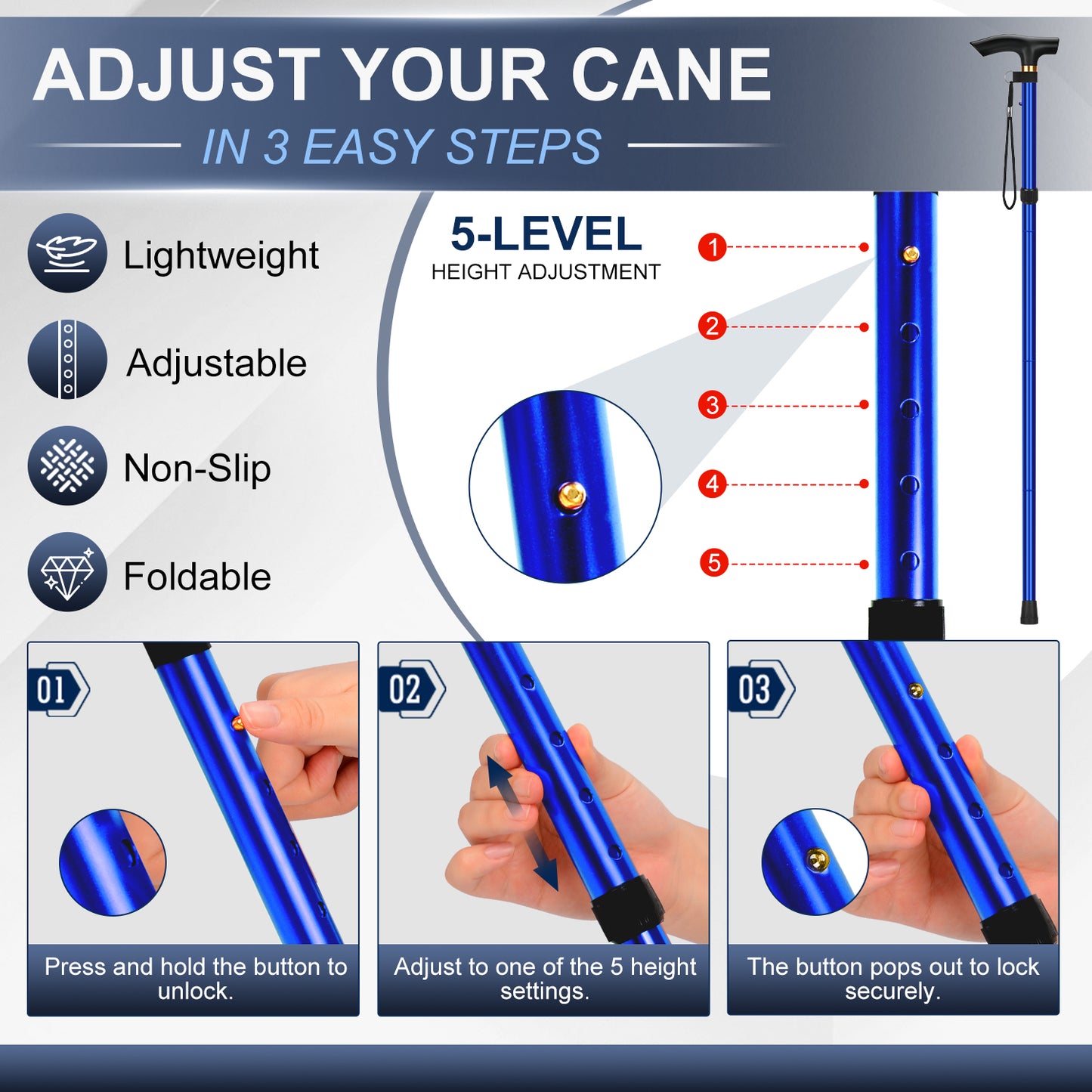 Folding Cane Adjustable Walking Stick Lightweight Travel Cane with T Handle