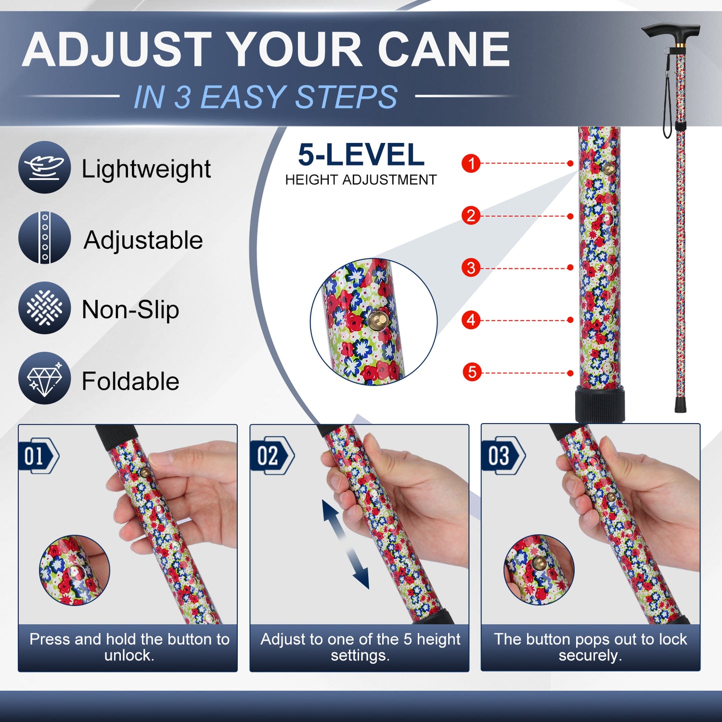 Folding Cane Adjustable Walking Stick Lightweight Travel Cane with T Handle