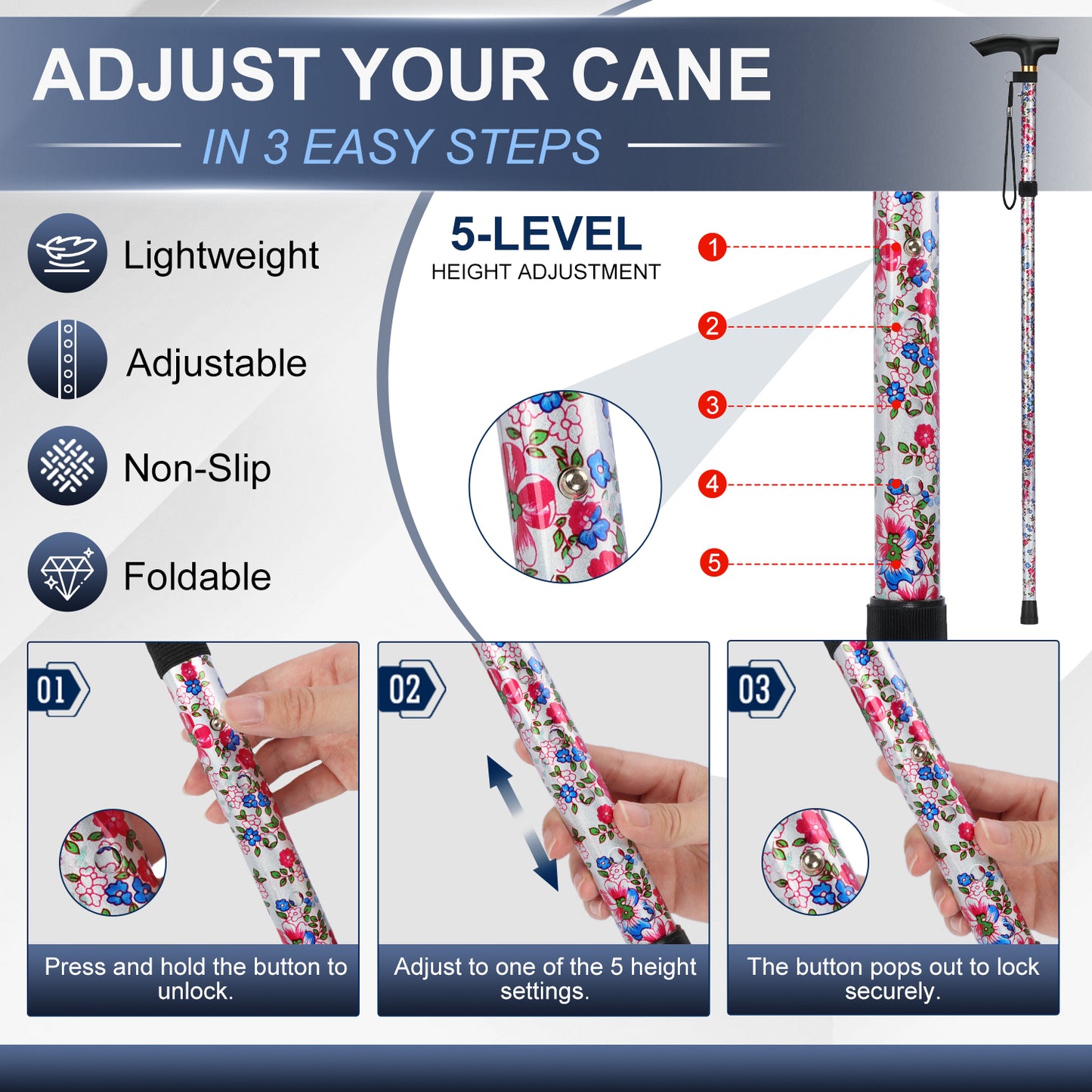 Folding Cane Adjustable Walking Stick Lightweight Travel Cane with T Handle