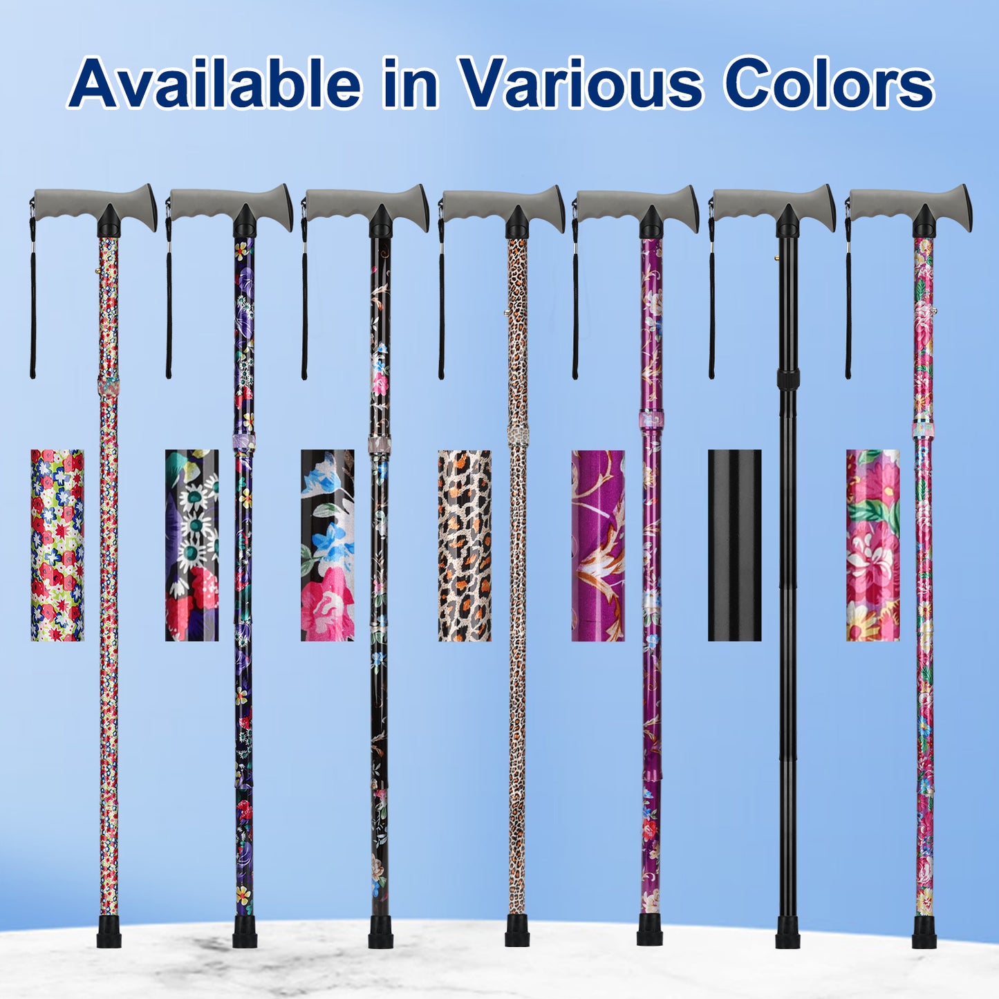 Folding Walking Cane, Adjustable Height, Lightweight Floral Cane