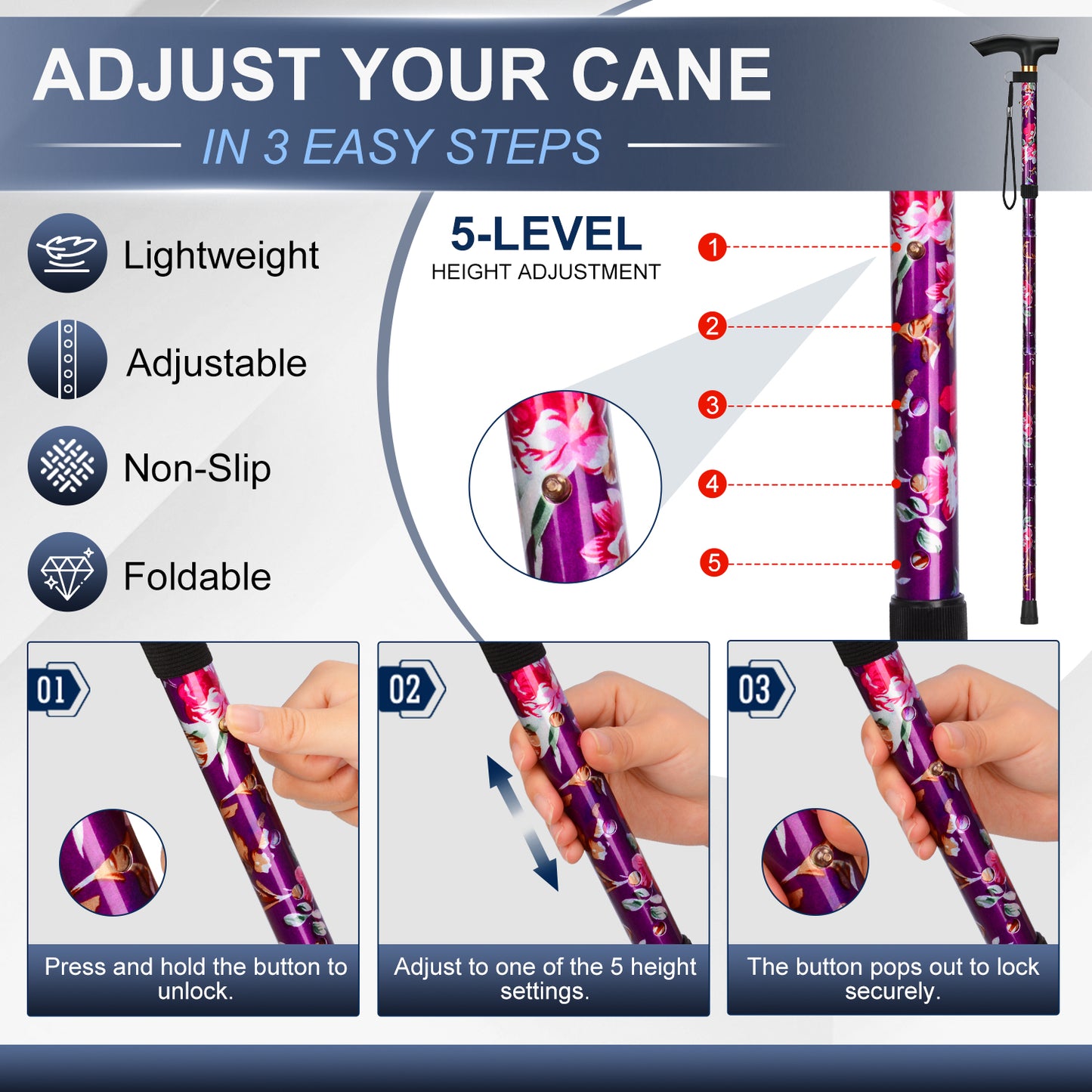 Folding Cane Adjustable Walking Stick Lightweight Travel Cane with T Handle