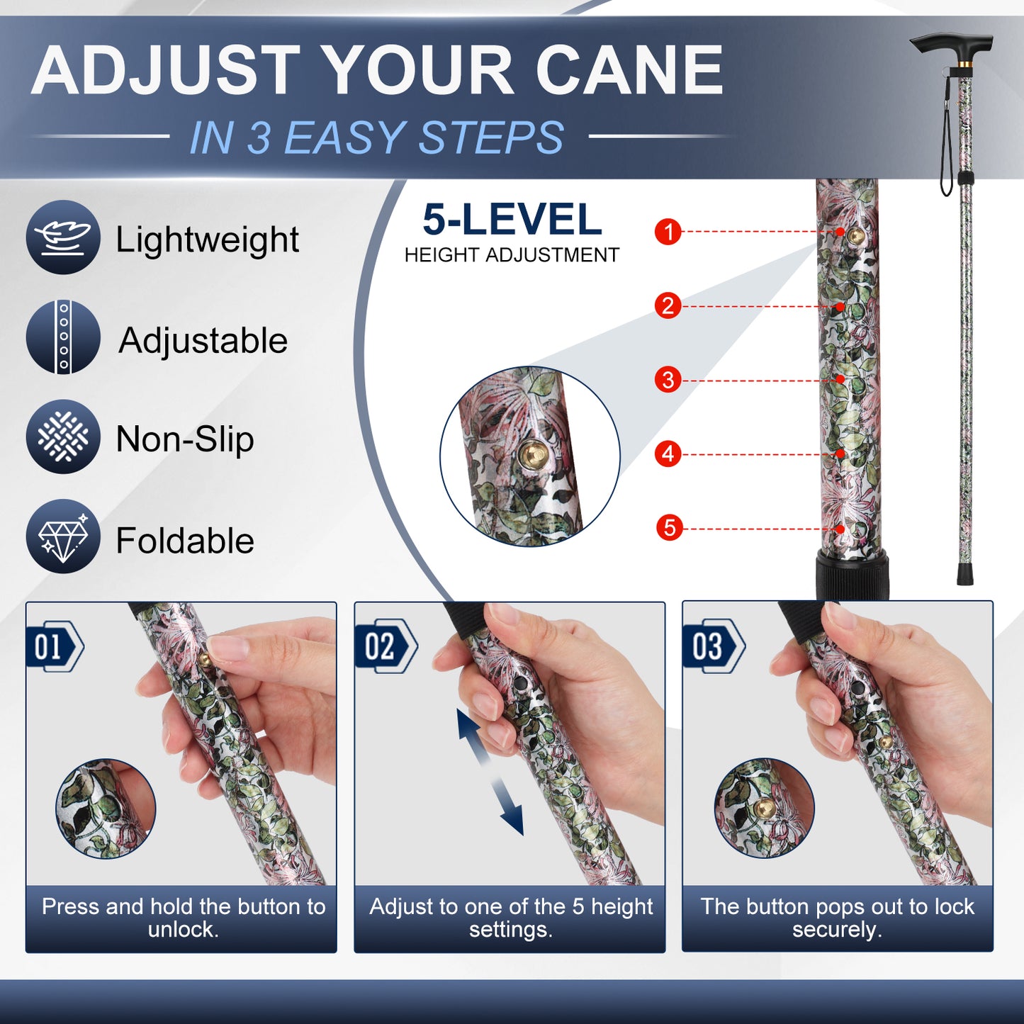 Folding Cane Adjustable Walking Stick Lightweight Travel Cane with T Handle
