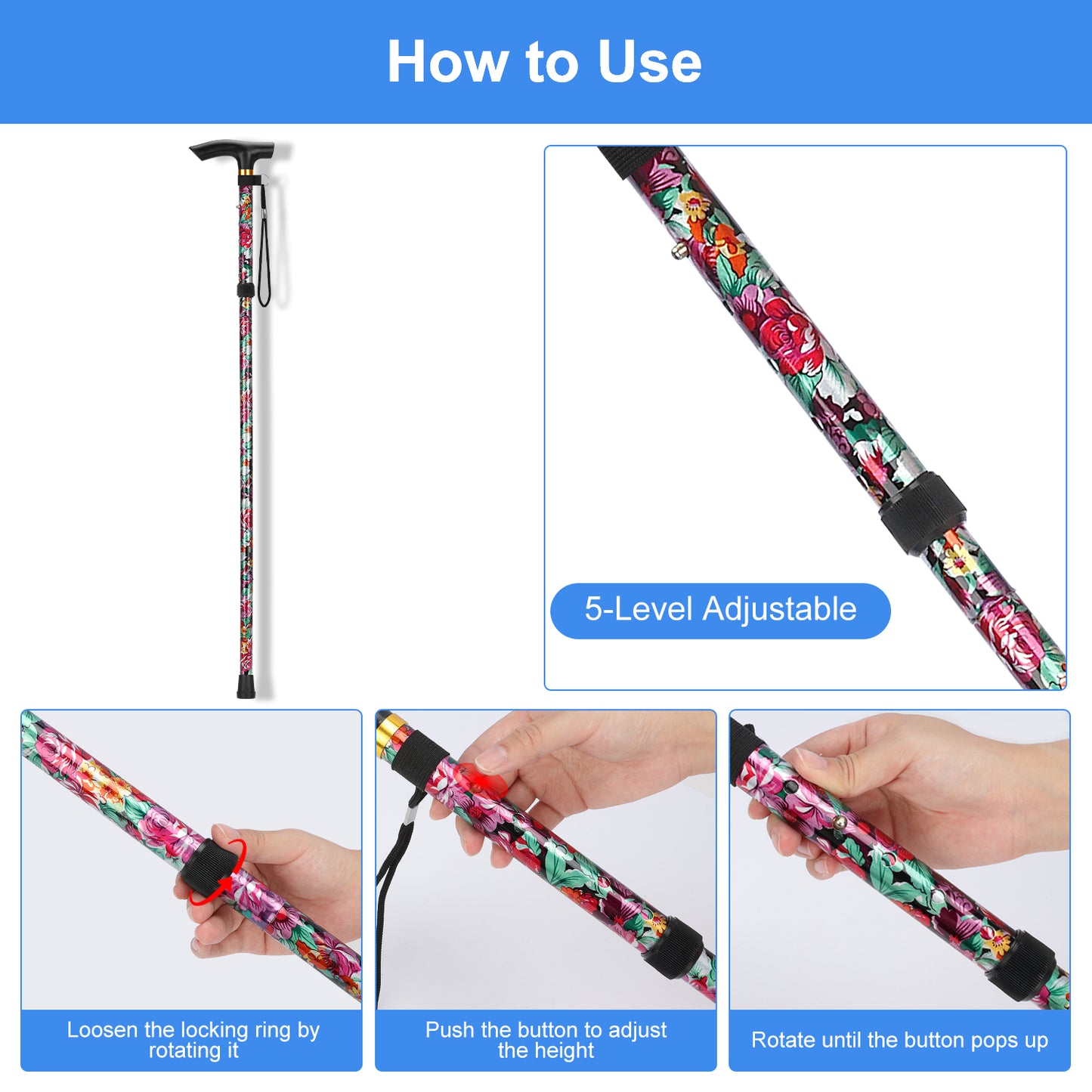 5-Level Adjustable Height Walking Stick Folding Cane