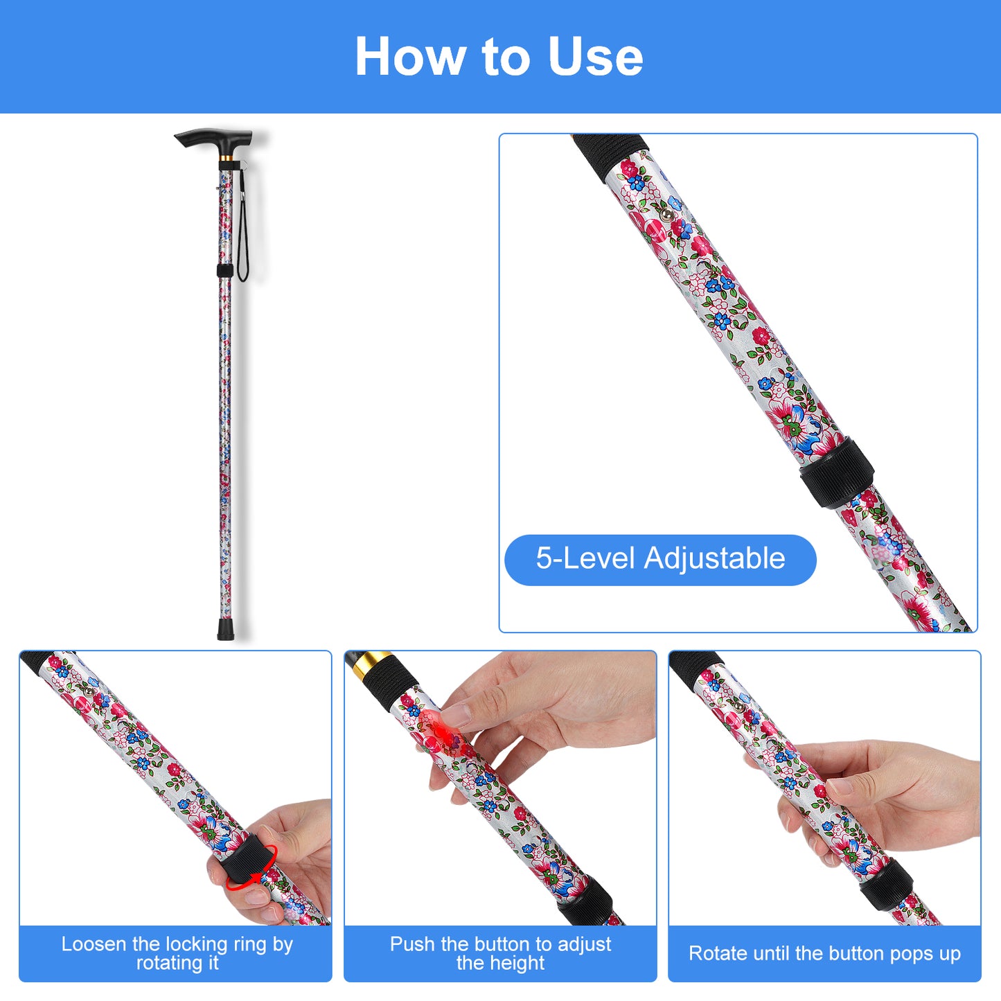 5-Level Adjustable Height Walking Stick Folding Cane