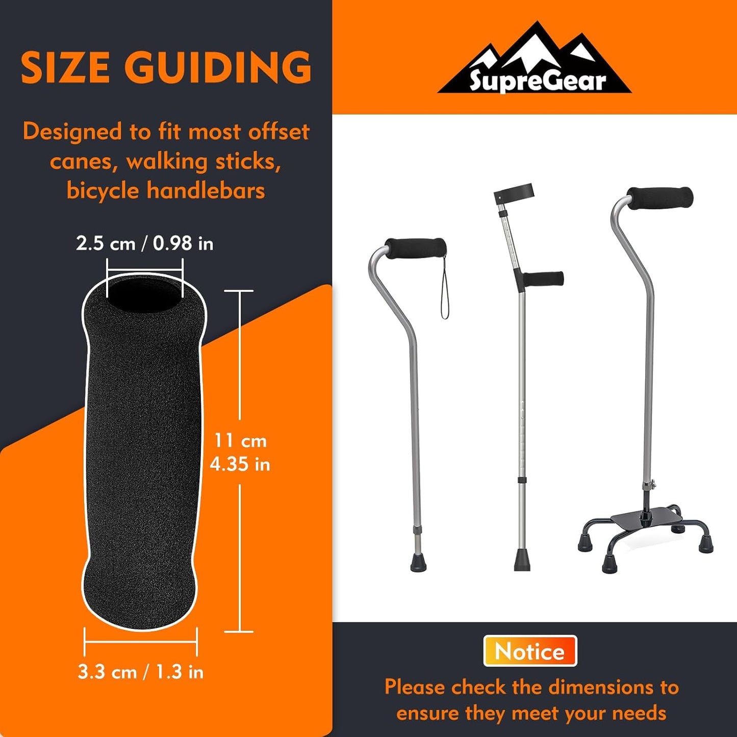 SupreGear replacement cane grips set of 2, foam handles for offset walking canes, black, 4.35 x 0.98 inches.