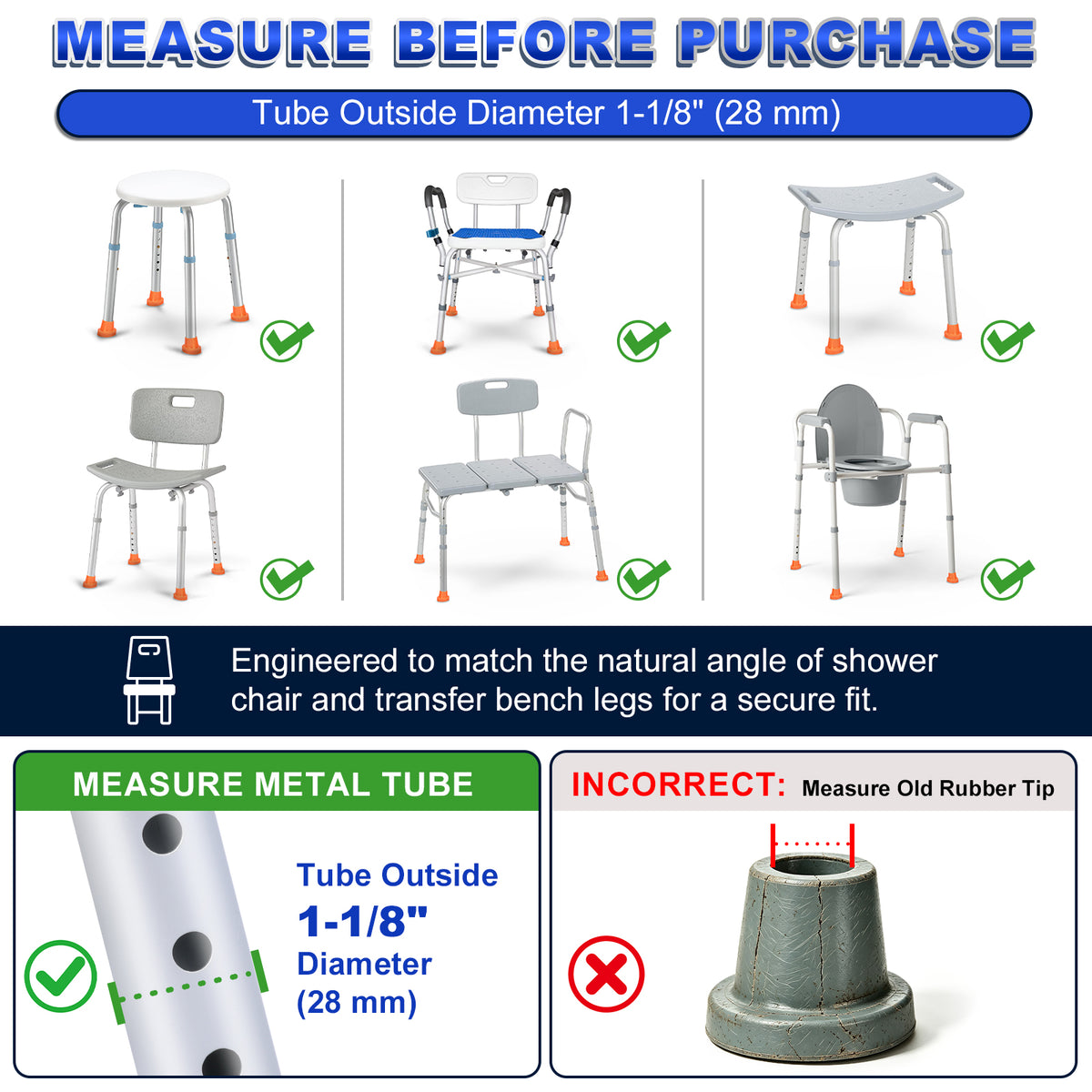 1 Inch Shower Chair Replacement Feet 4-Pack, Non-Slip Suction Rubber Tips for Bath Chairs