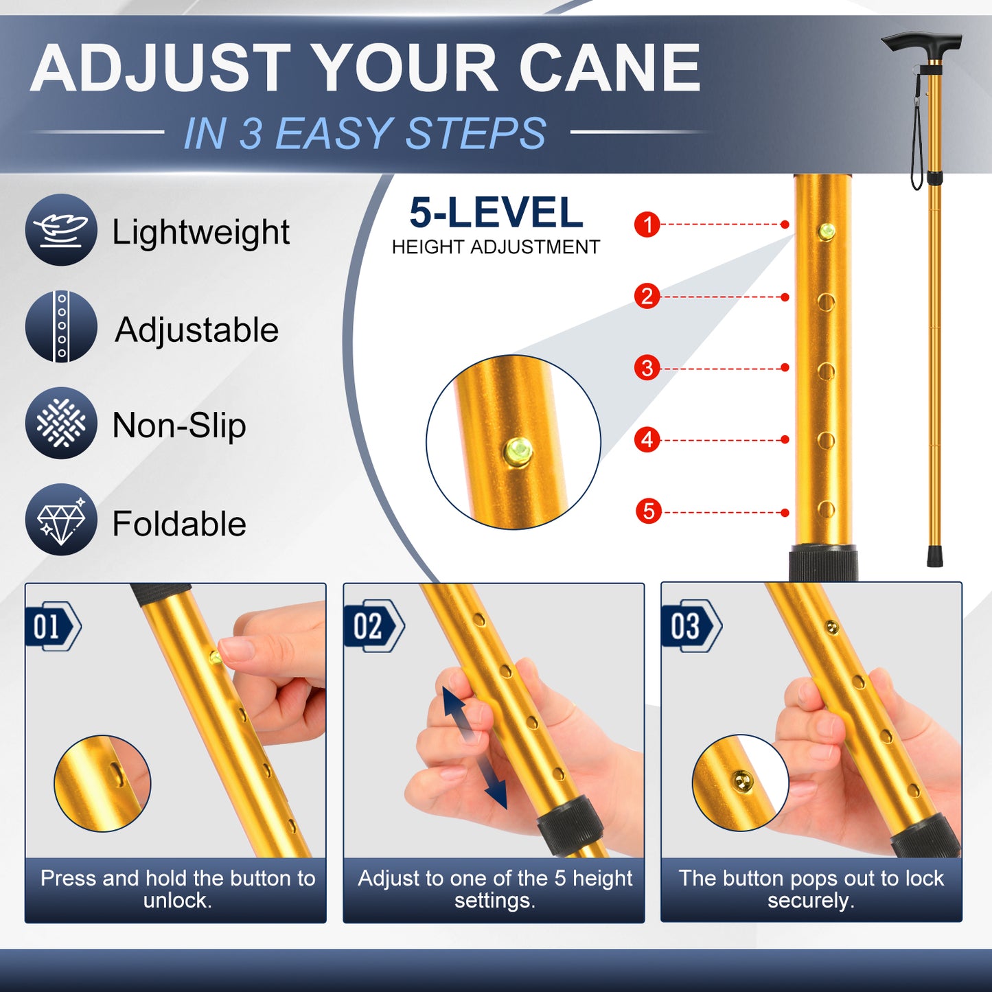Folding Cane Adjustable Walking Stick Lightweight Travel Cane with T Handle