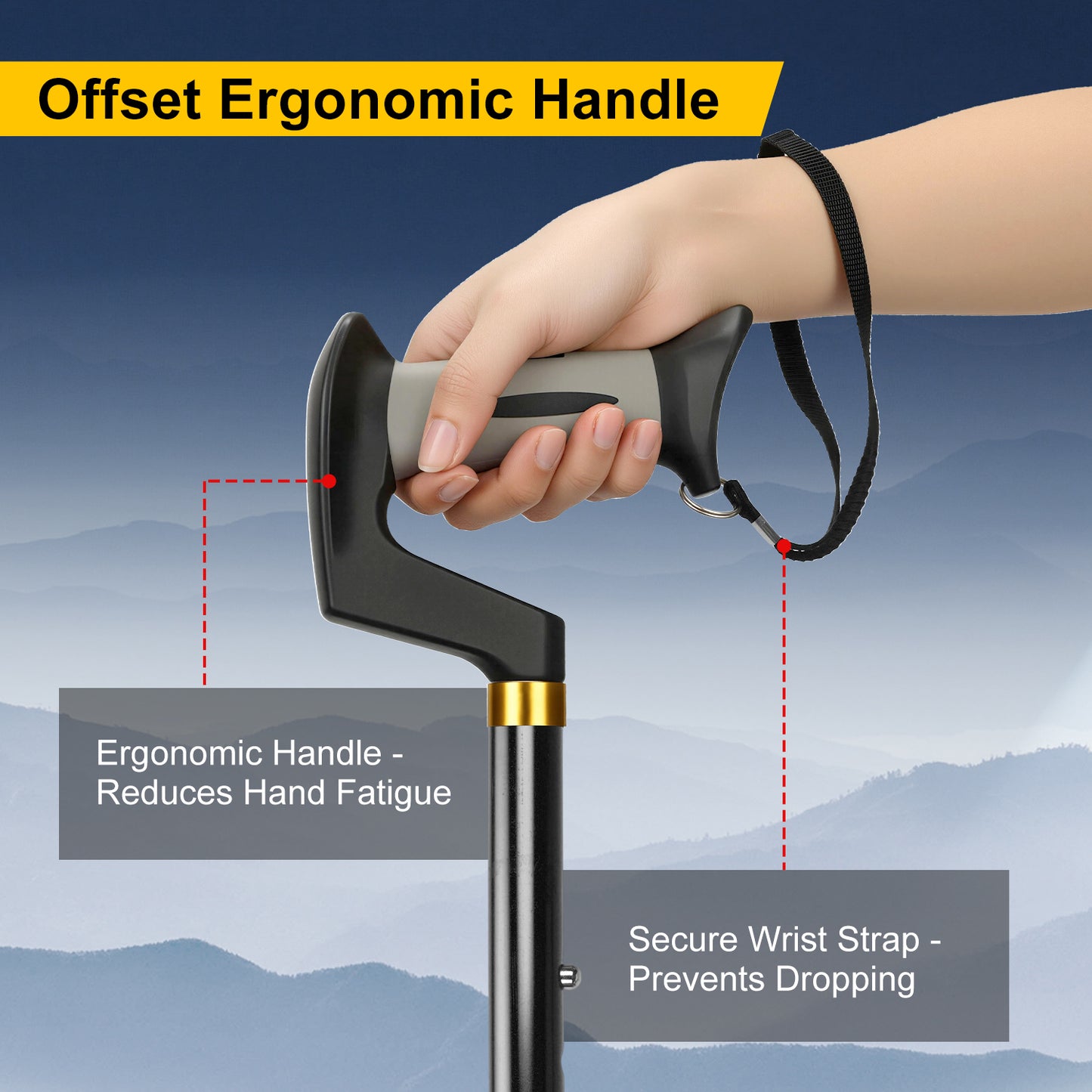 Foldable Adjustable Walking Cane with Offset Ergonomic Handle & All-Terrain Tip