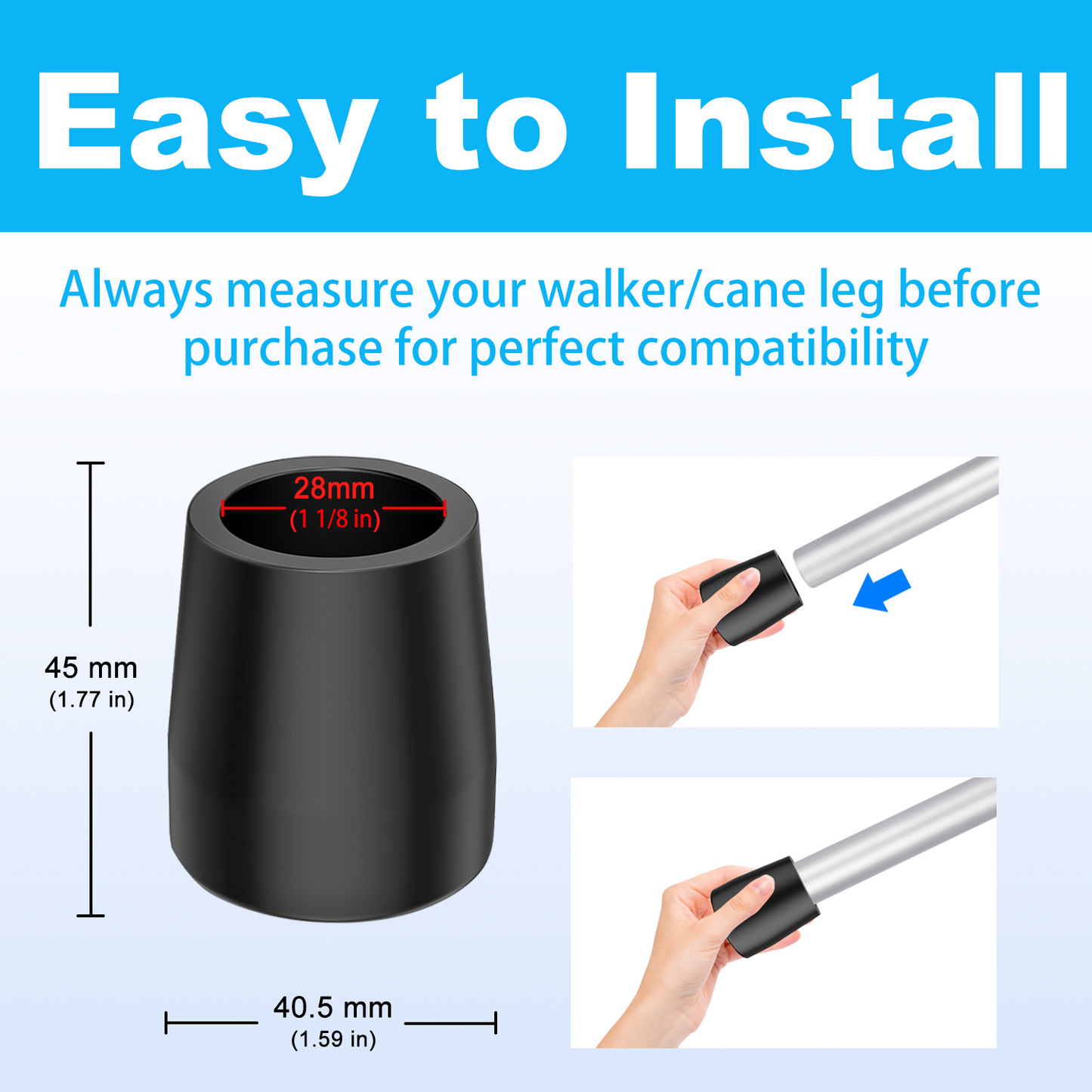 1-Inch Walker Rubber Tips (6-Pack) – Non-Skid with Metal Insert