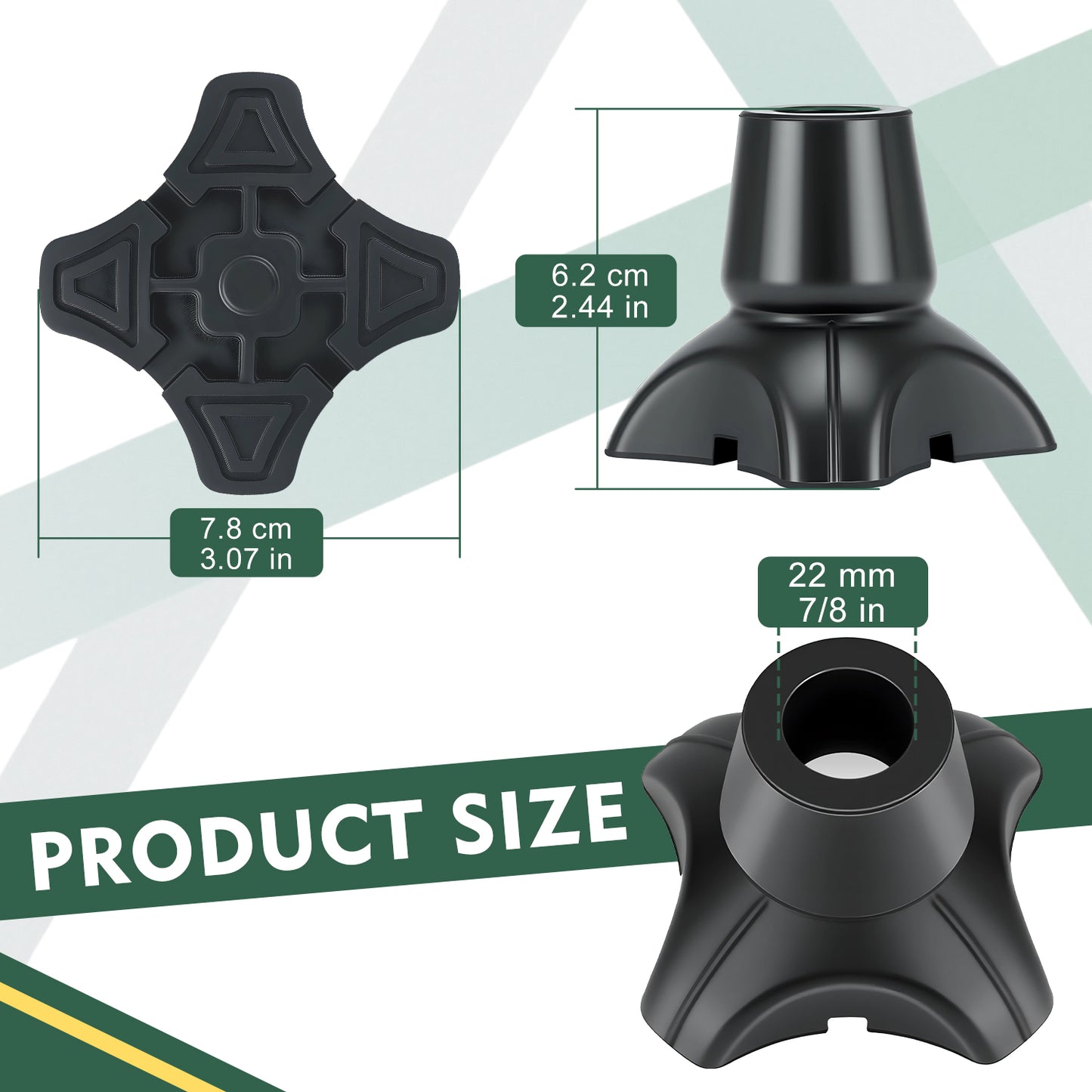 Quad Cane Tips 2 Pack – Non-Slip 4-Prong Rubber Replacement Feet with Reinforced Metal Insert for Walking Canes