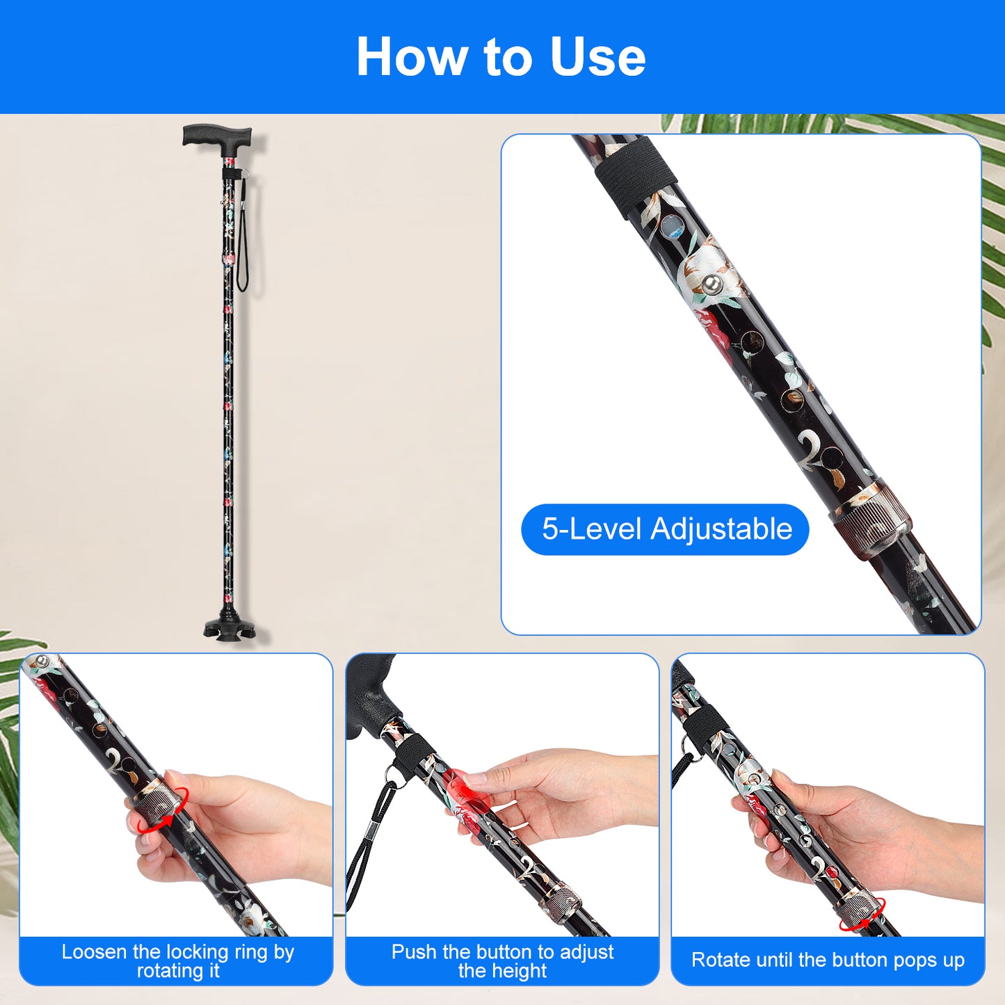 5-Level Adjustable Folding Cane