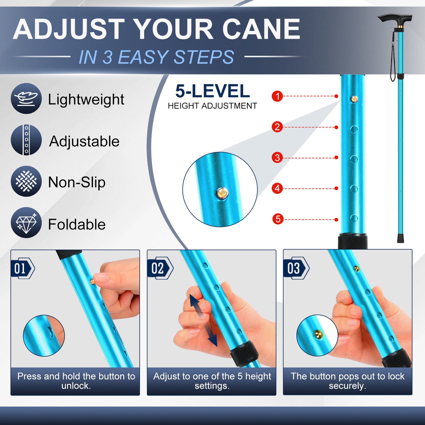 Folding Cane Adjustable Walking Stick Lightweight Travel Cane with T Handle