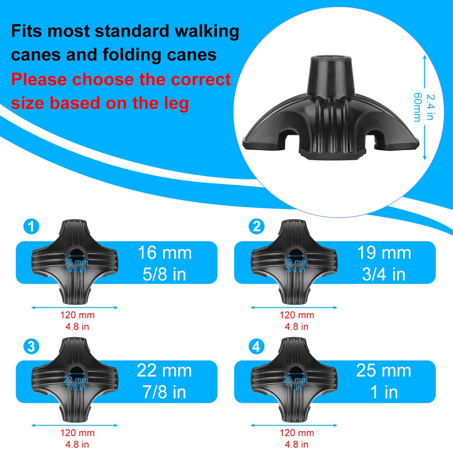 4 Point Self Standing Quad Support Rubber Replacement Cane Tip