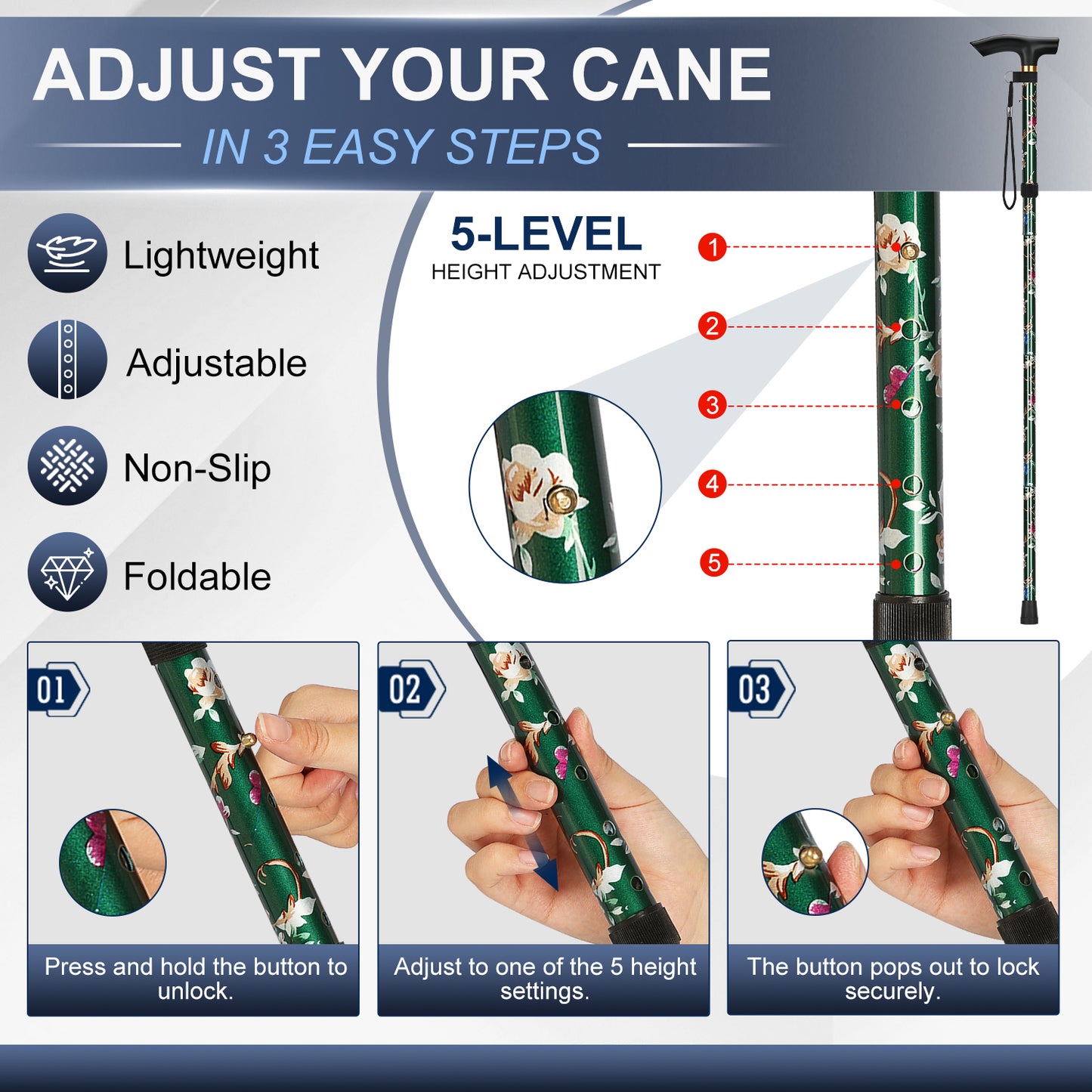 Folding Cane Adjustable Walking Stick Lightweight Travel Cane with T Handle
