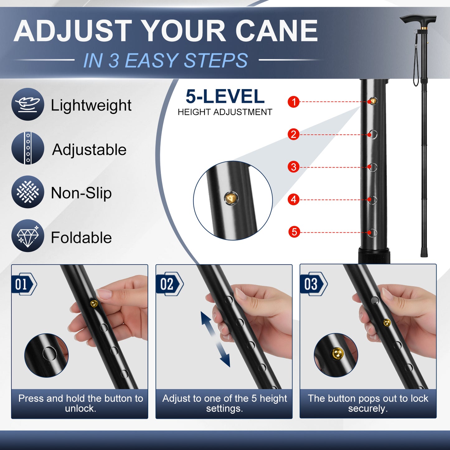 Folding Cane Adjustable Walking Stick Lightweight Travel Cane with T Handle