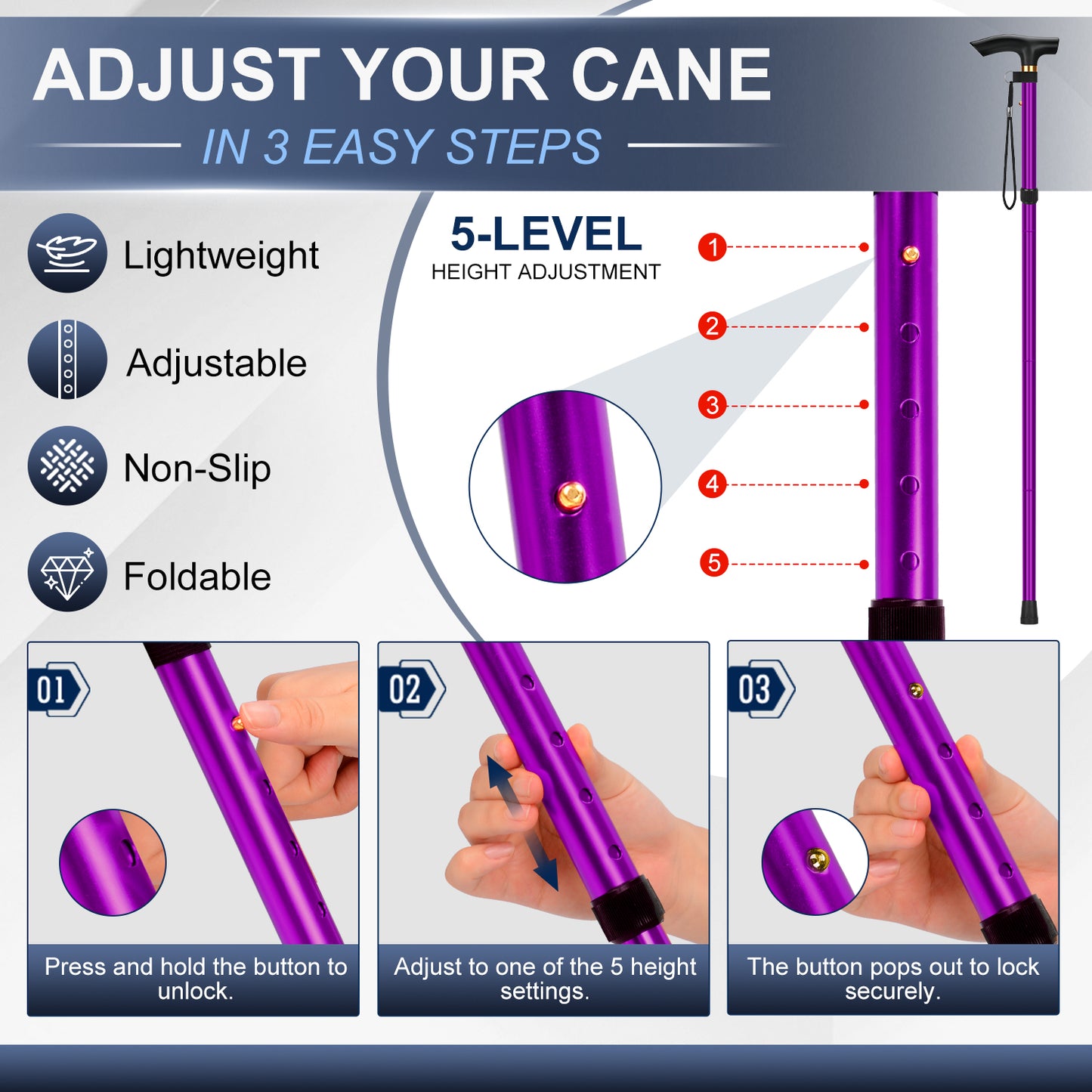 Folding Cane Adjustable Walking Stick Lightweight Travel Cane with T Handle