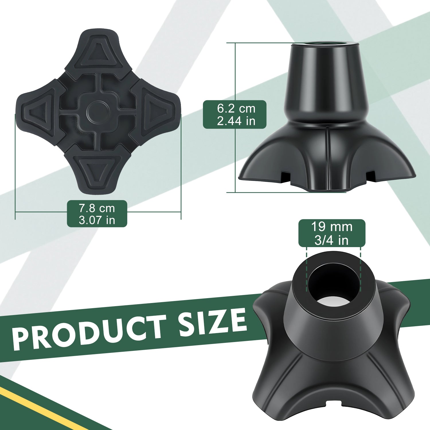 Quad Cane Tips 2-Pack, Non-Slip 4-Prong Rubber Replacement Feet with Metal Insert for Walking Canes and Mobility Support