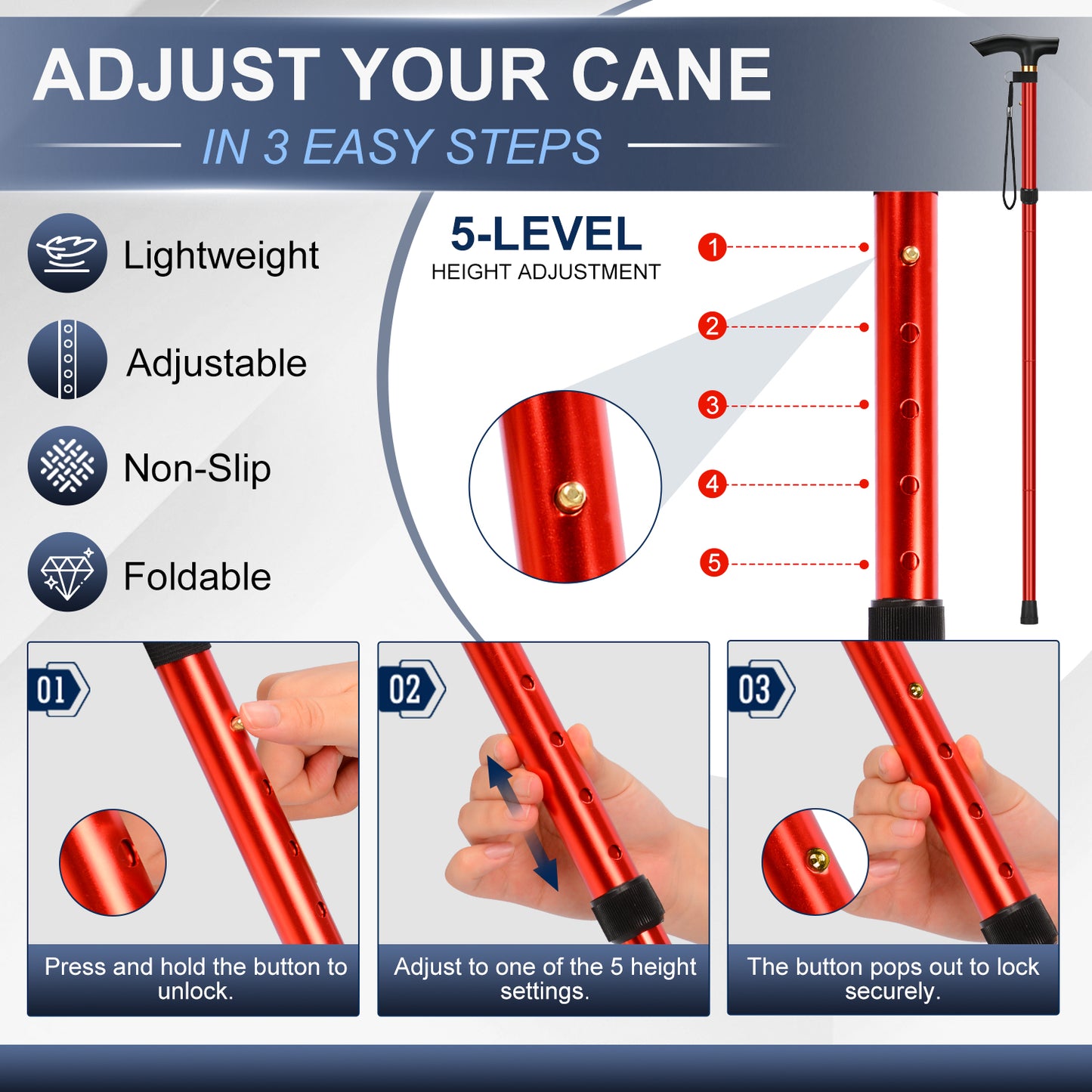 Folding Cane Adjustable Walking Stick Lightweight Travel Cane with T Handle