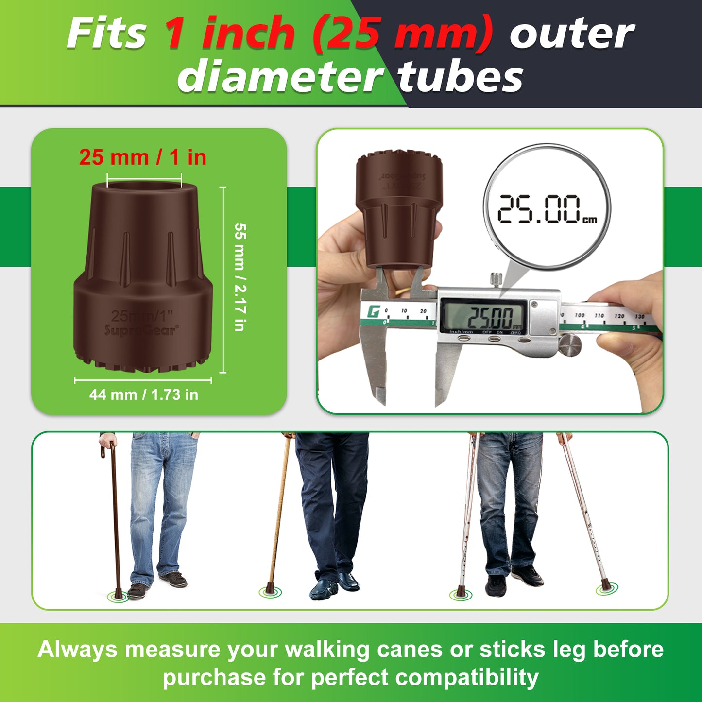 1 Inch Replacement Cane Tips Anti Slip Rubber with Metal Insert