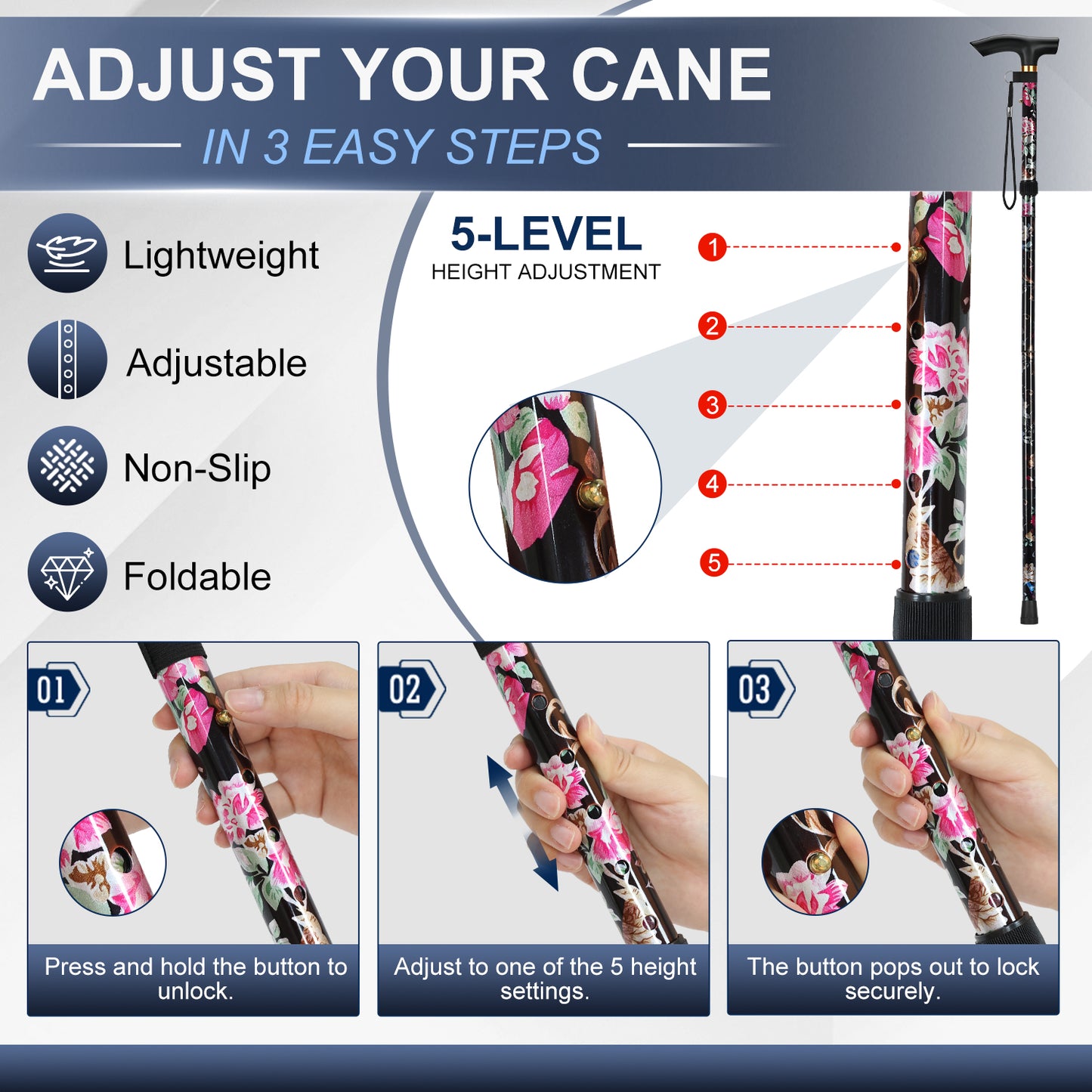Folding Cane Adjustable Walking Stick Lightweight Travel Cane with T Handle