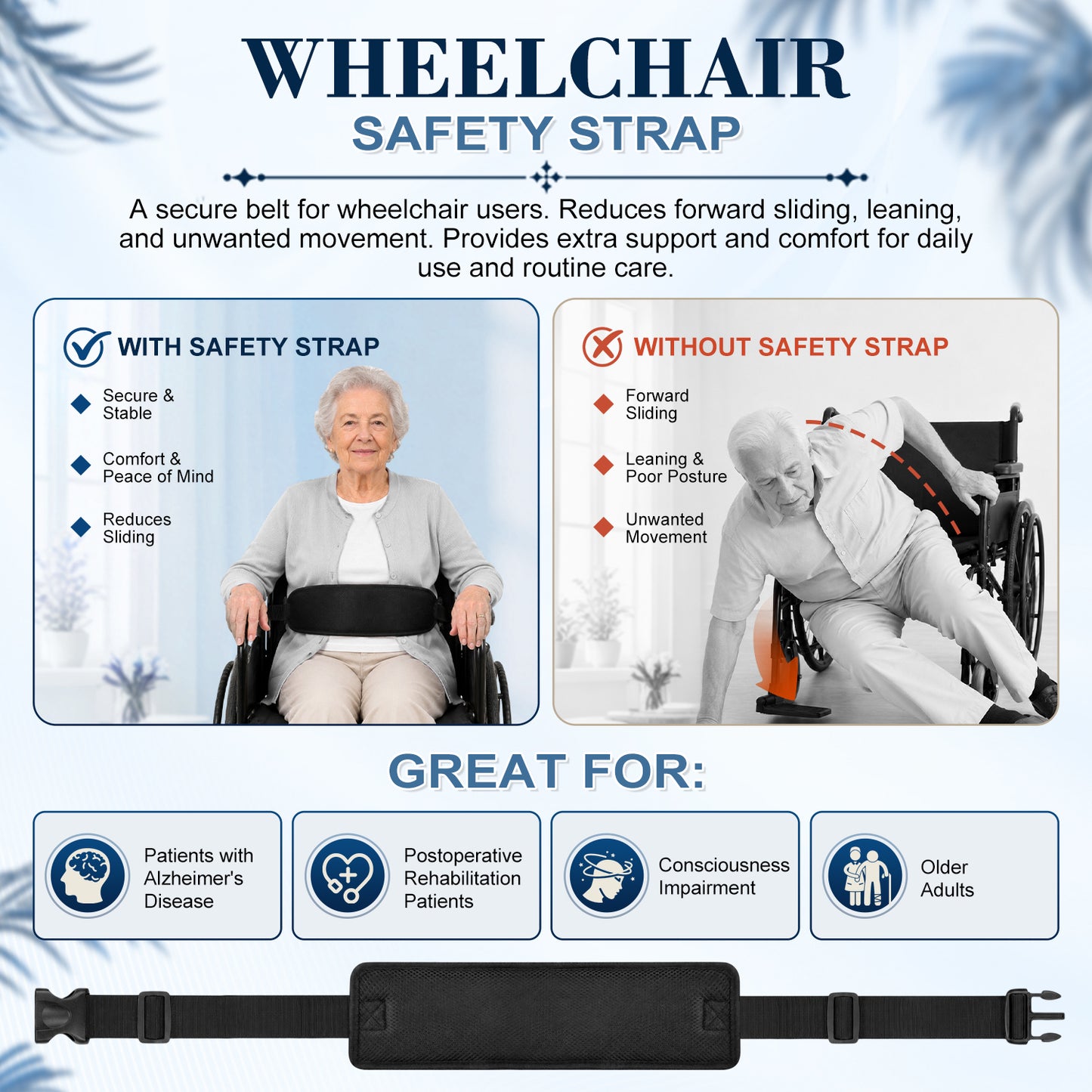 Adjustable Wheelchair Positioning Belt with Breathable Mesh Strap, Safety Support Belt for Wheelchairs and Transport Chairs