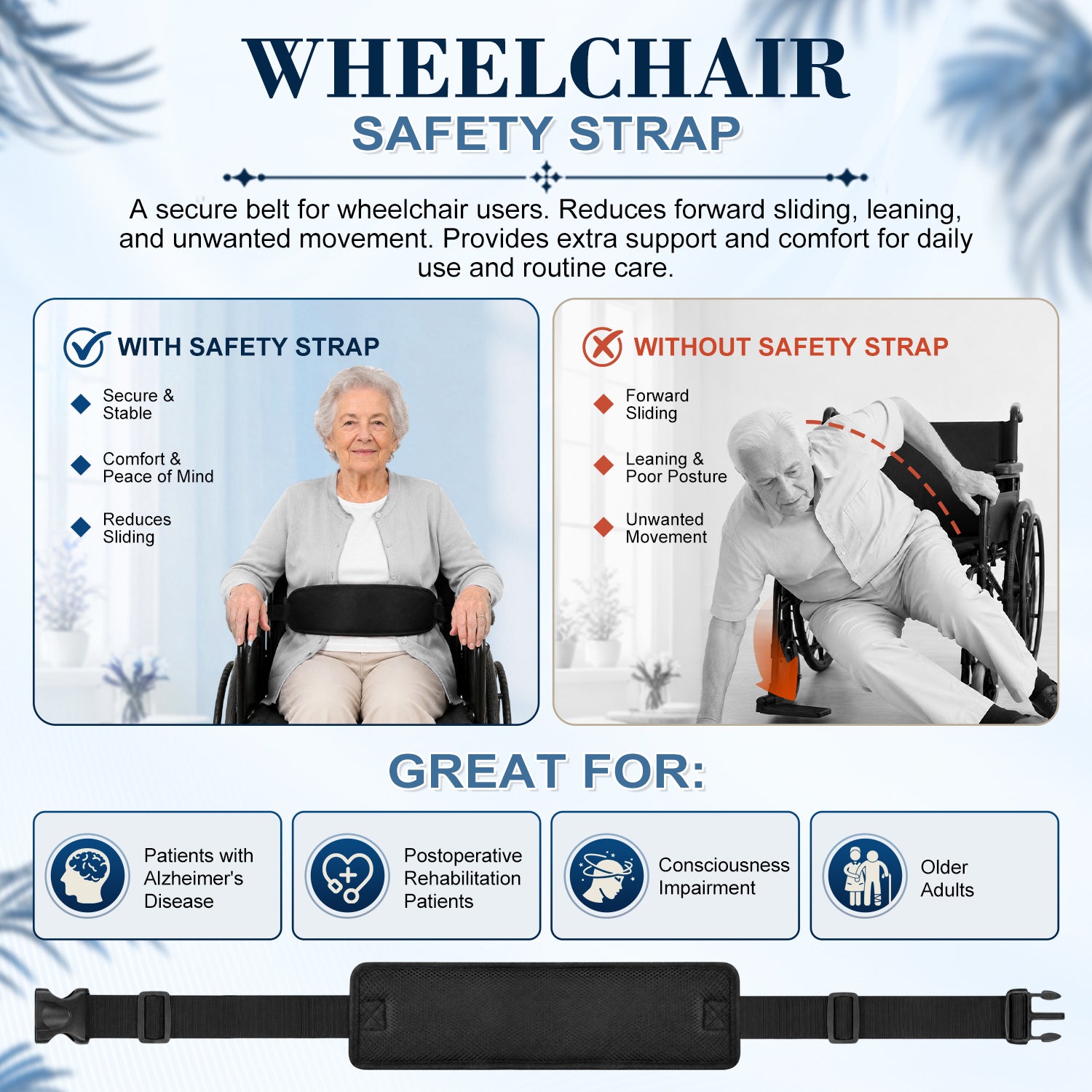 Adjustable Wheelchair Positioning Belt with Breathable Mesh Strap, Safety Support Belt for Wheelchairs and Transport Chairs