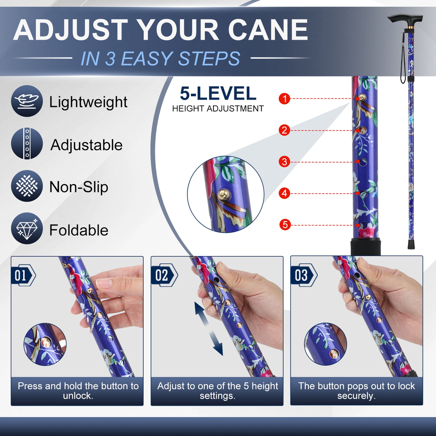 Folding Cane Adjustable Walking Stick Lightweight Travel Cane with T Handle