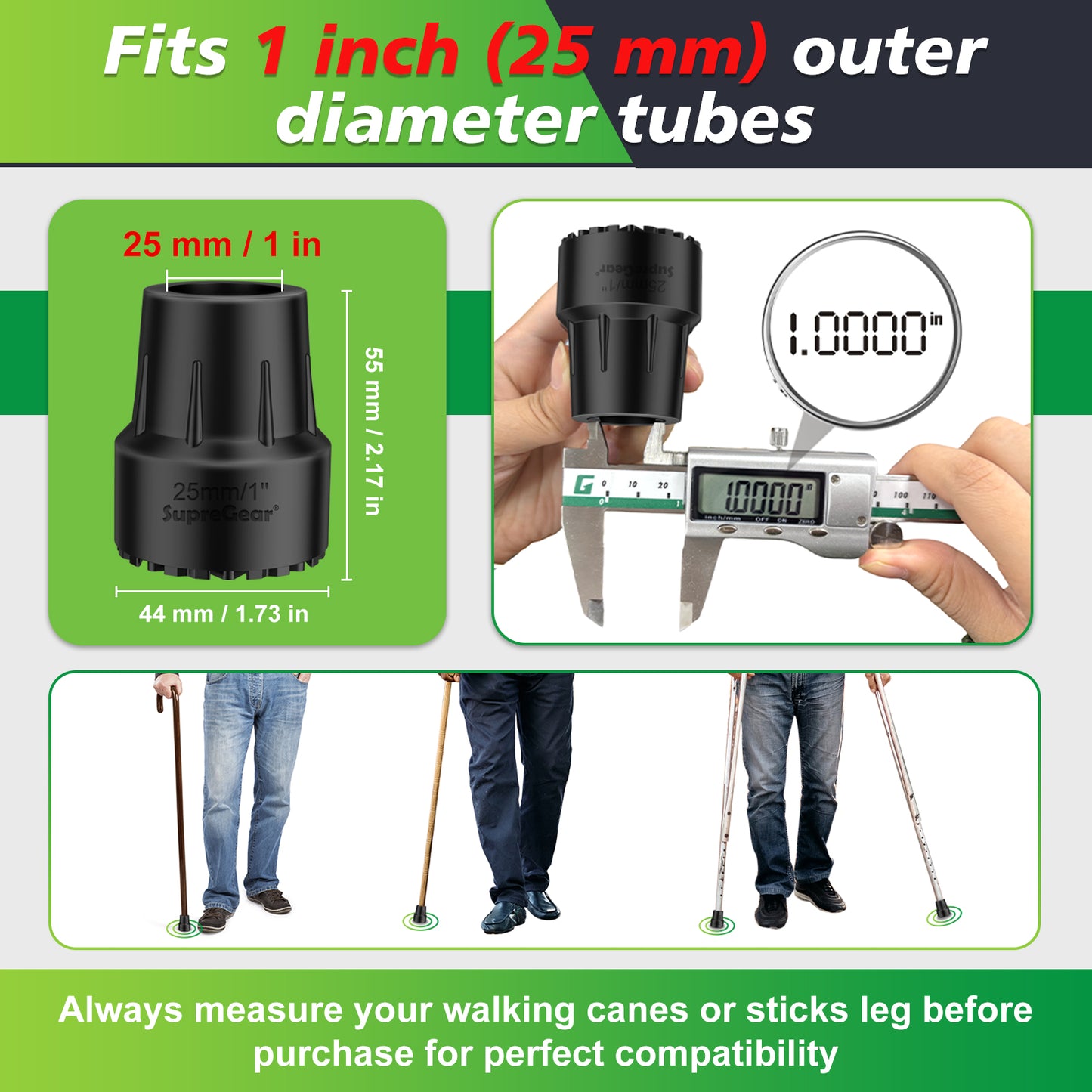 1-Inch Replacement Cane Tips – Anti-Slip Durable Rubber with Metal Insert