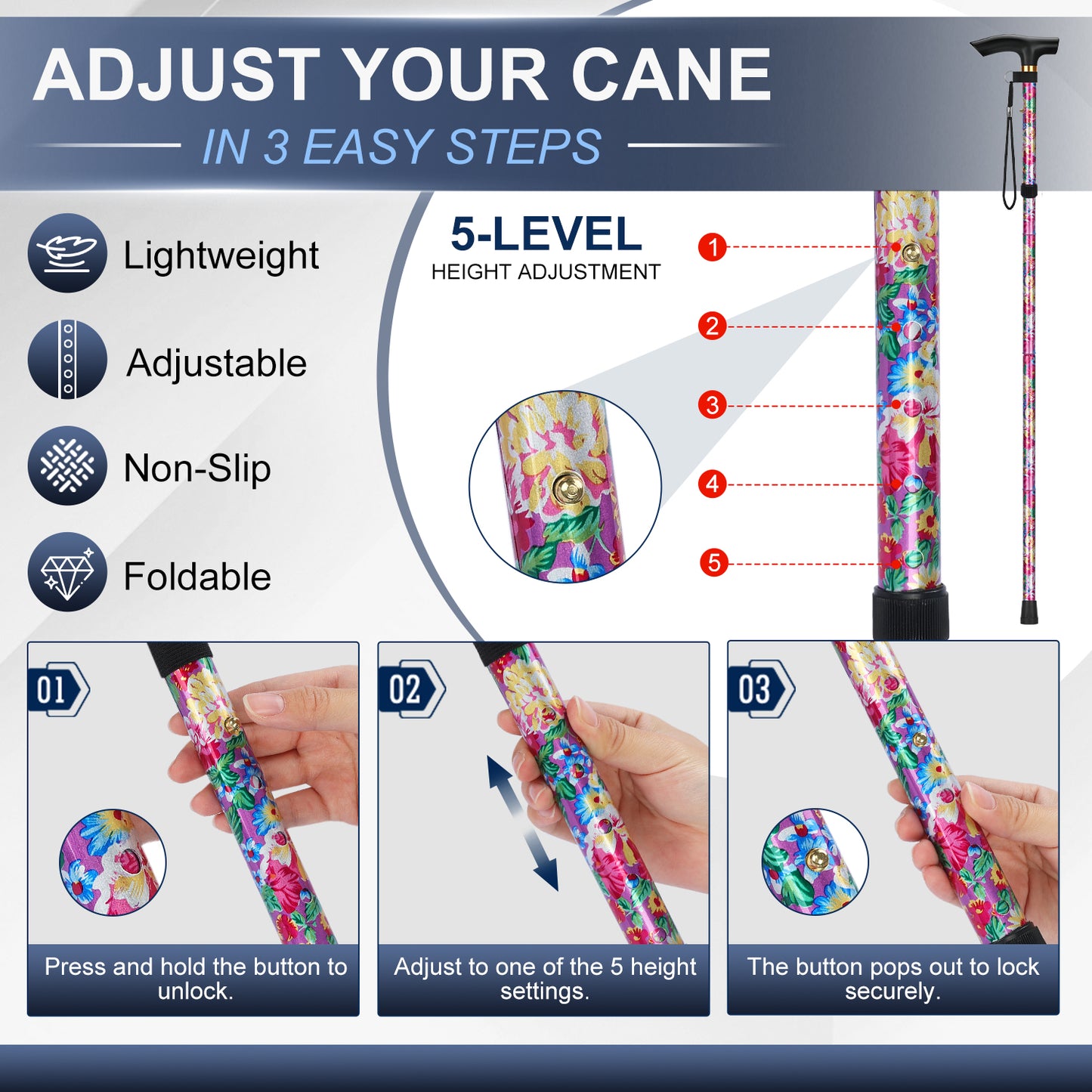 Folding Cane Adjustable Walking Stick Lightweight Travel Cane with T Handle