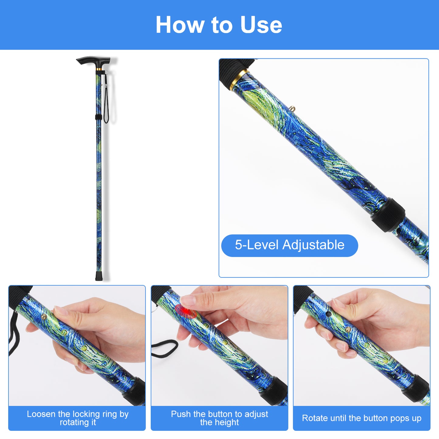 5-Level Adjustable Height Walking Stick Folding Cane