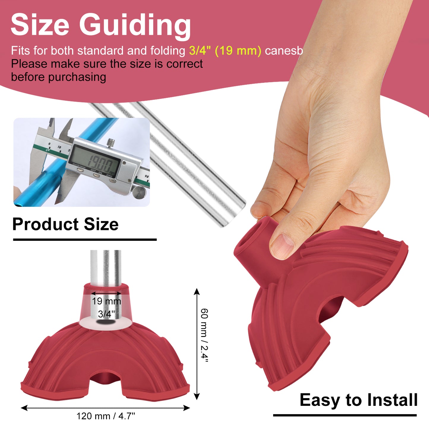 Self-Standing Cane Tip, 3/4 Inch Quad Rubber Base