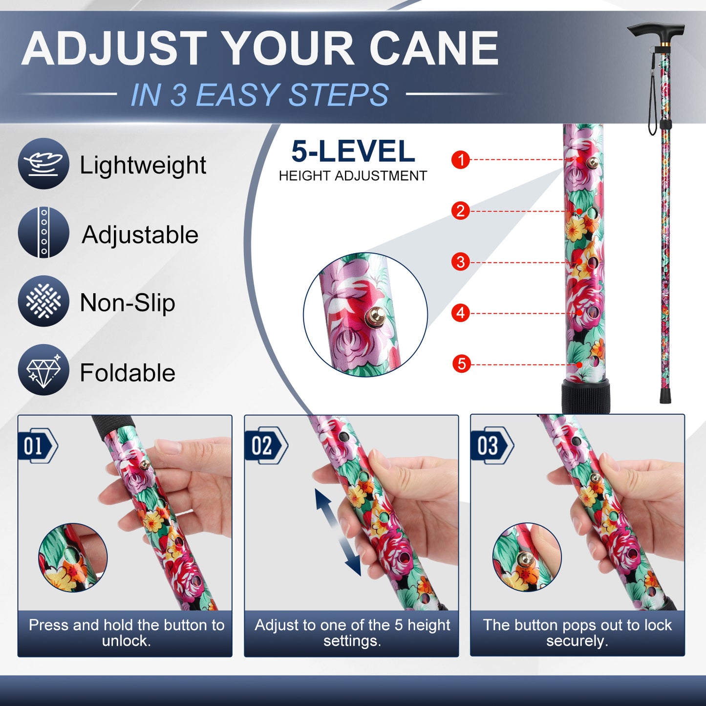 Folding Cane Adjustable Walking Stick Lightweight Travel Cane with T Handle
