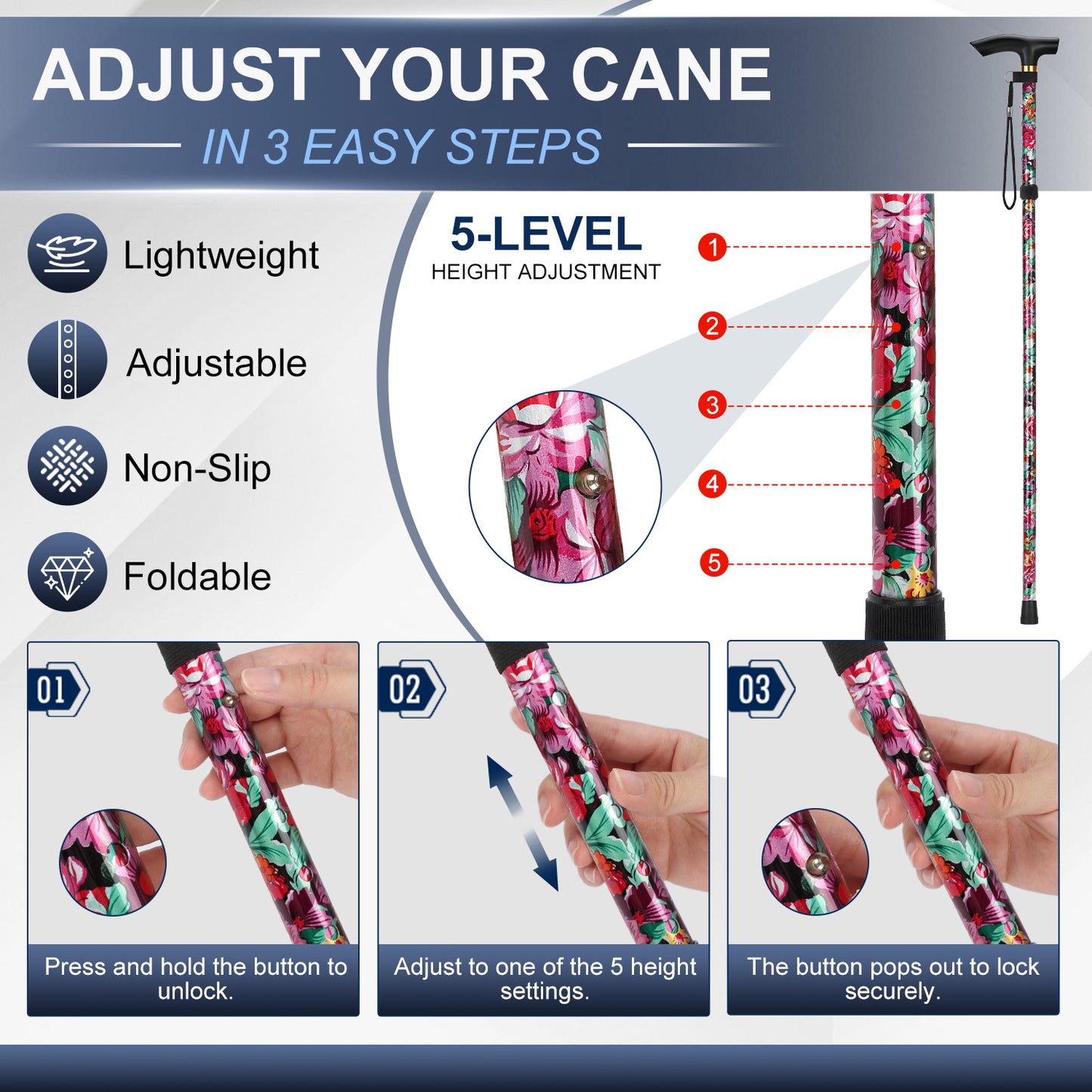 Folding Cane Adjustable Walking Stick Lightweight Travel Cane with T Handle