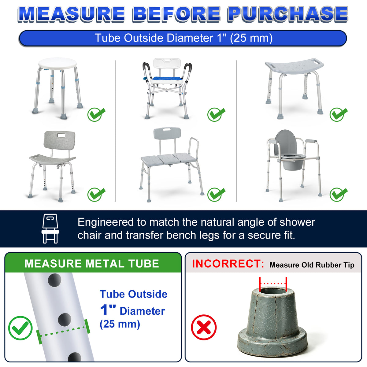 1 Inch Shower Chair Replacement Feet 4-Pack, Non-Slip Suction Rubber Tips for Bath Chairs