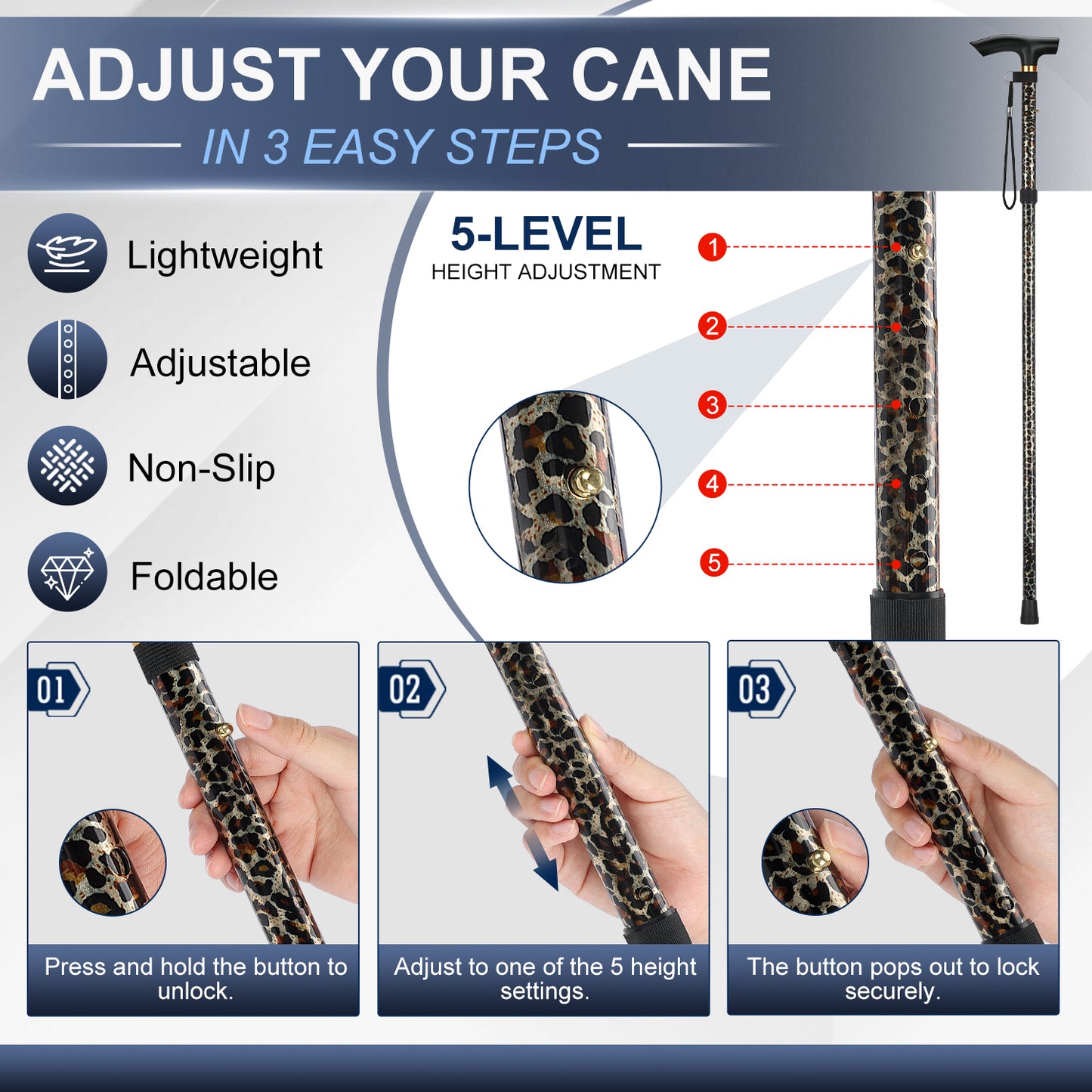 Folding Cane Adjustable Walking Stick Lightweight Travel Cane with T Handle