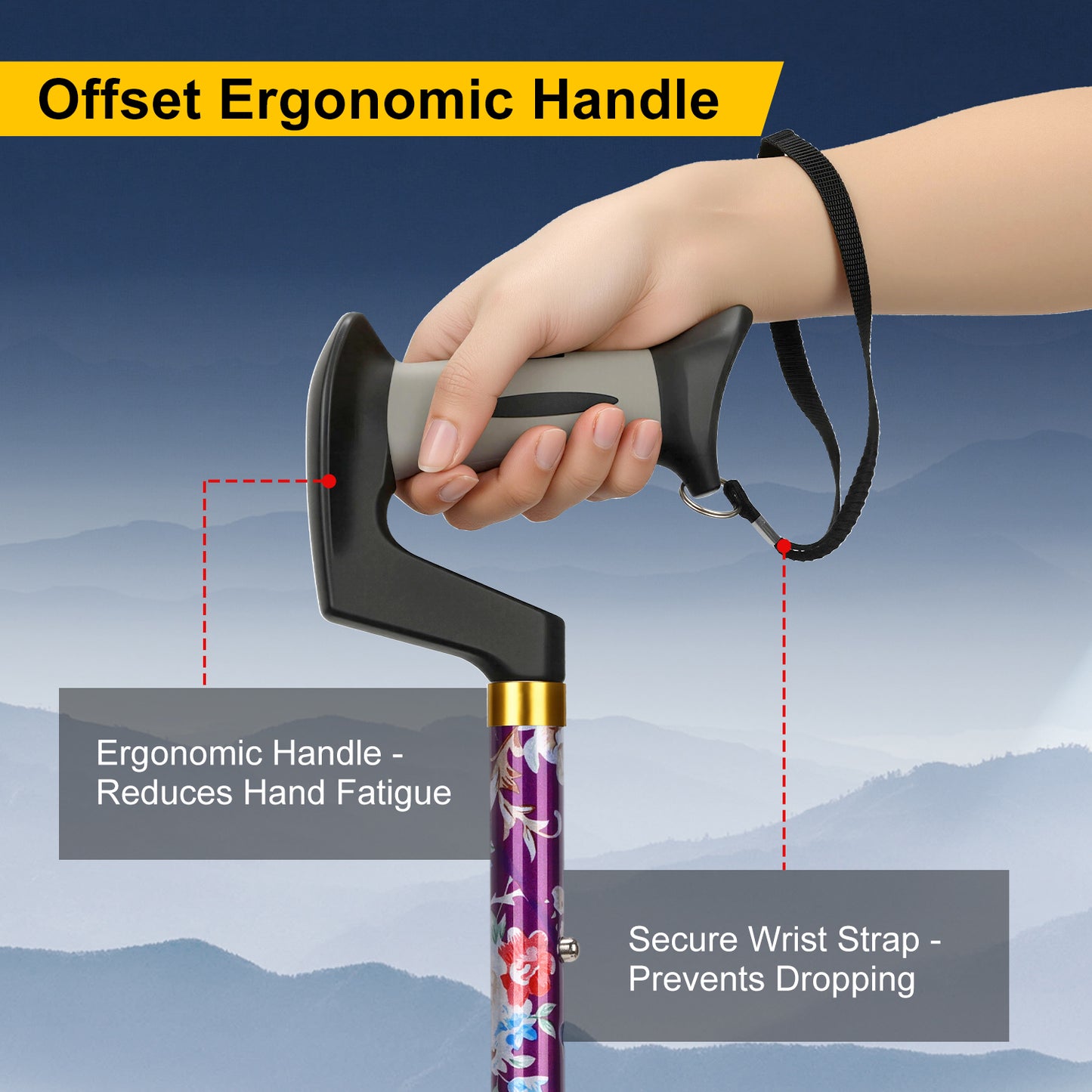 Foldable Adjustable Walking Cane with Offset Ergonomic Handle & All-Terrain Tip