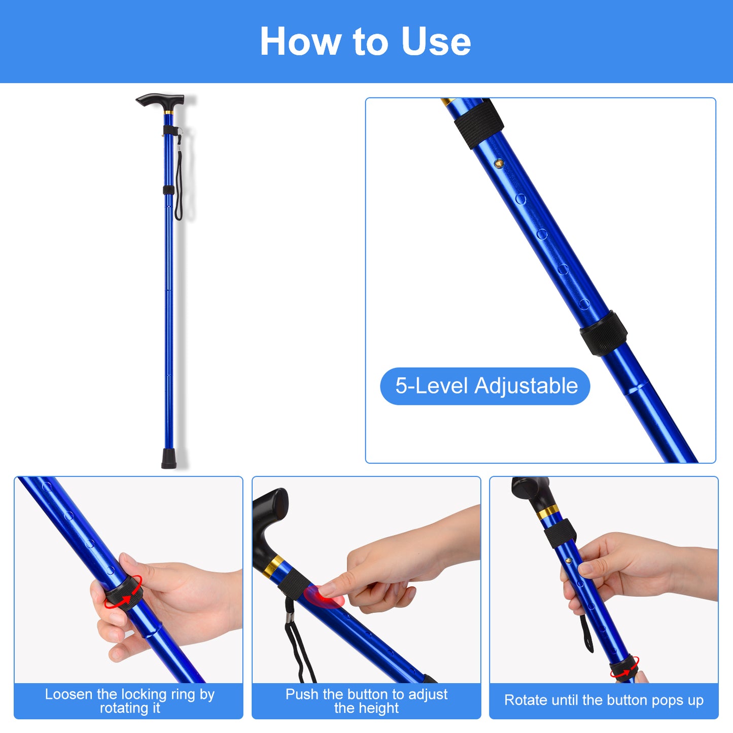 5-Level Adjustable Height Walking Stick Folding Cane