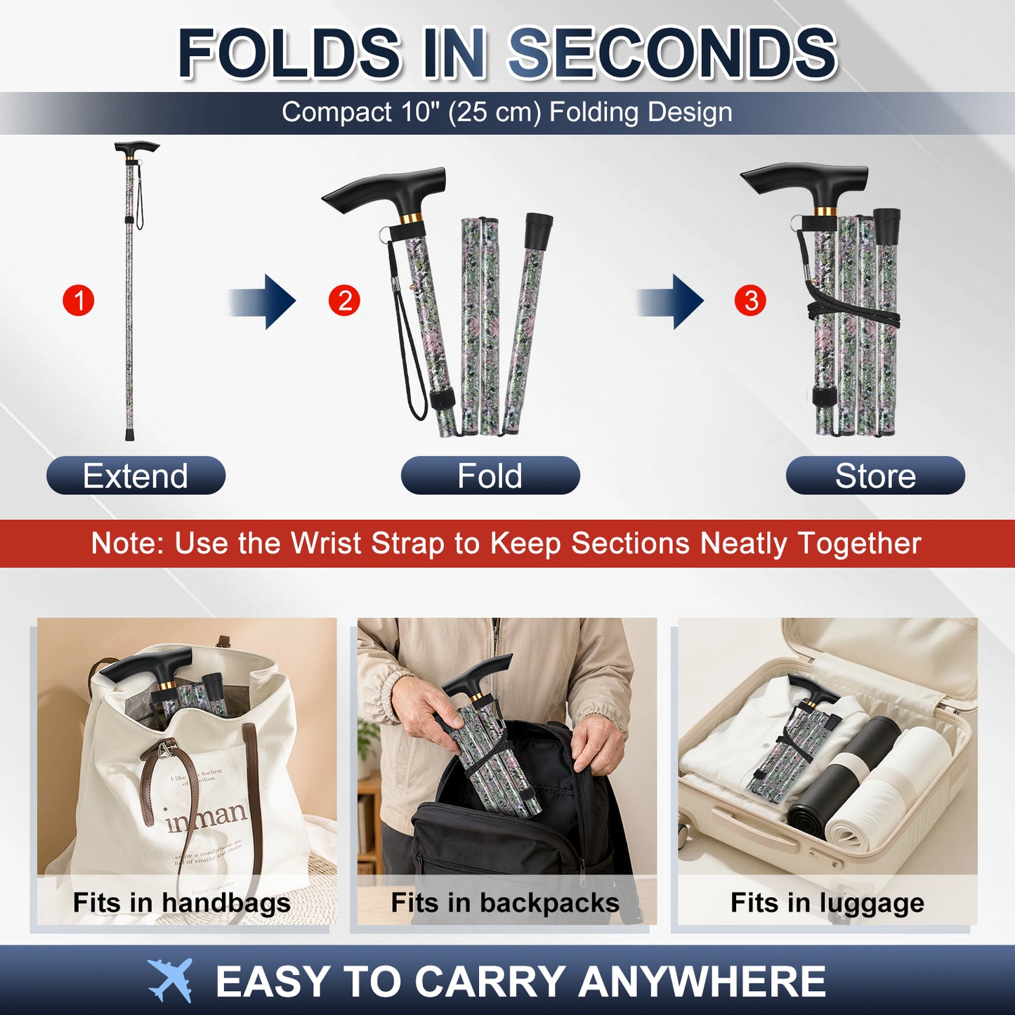 Folding Cane Adjustable Walking Stick Lightweight Travel Cane with T Handle