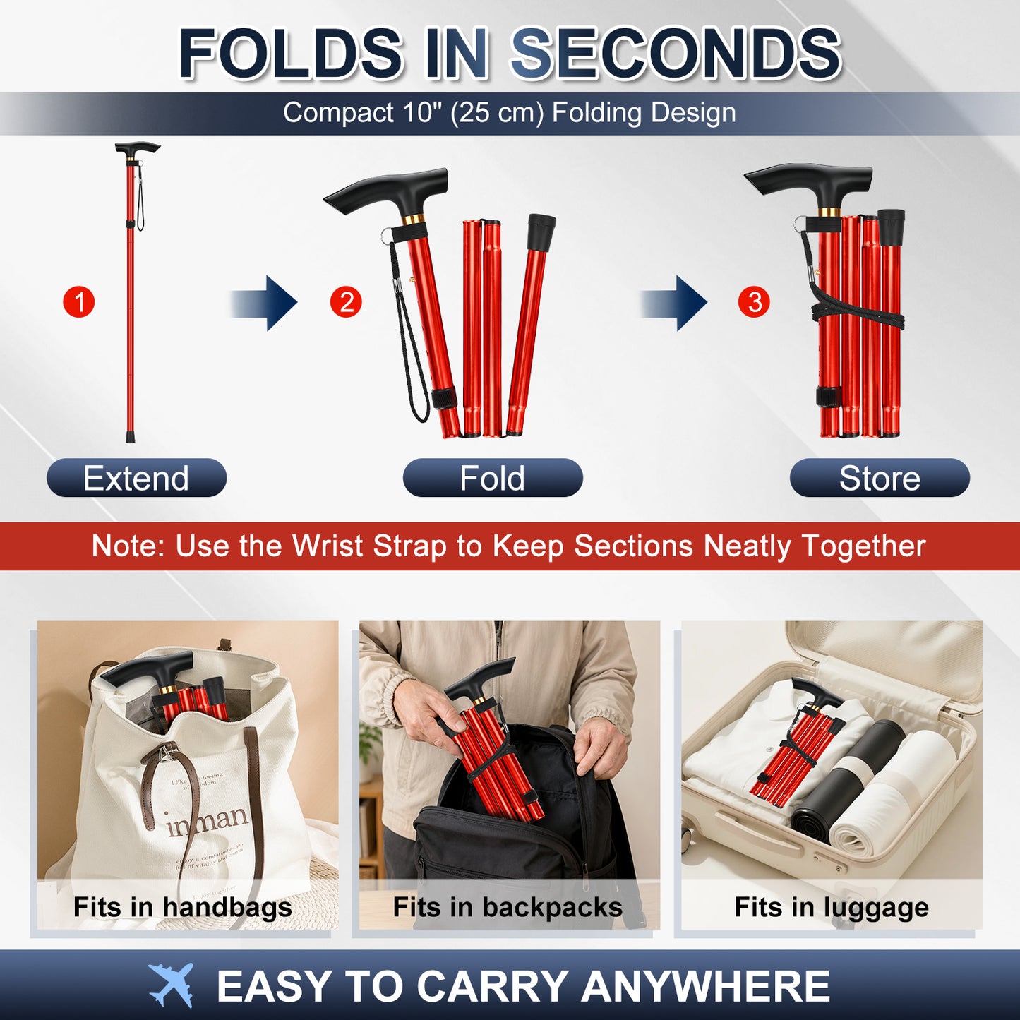 Folding Cane Adjustable Walking Stick Lightweight Travel Cane with T Handle