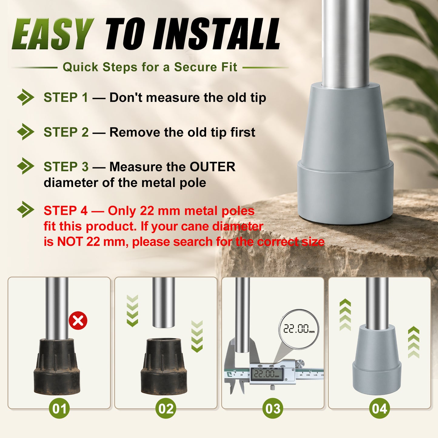 Universal Cane Tips 4-Pack Anti-Slip Rubber Replacement Tips