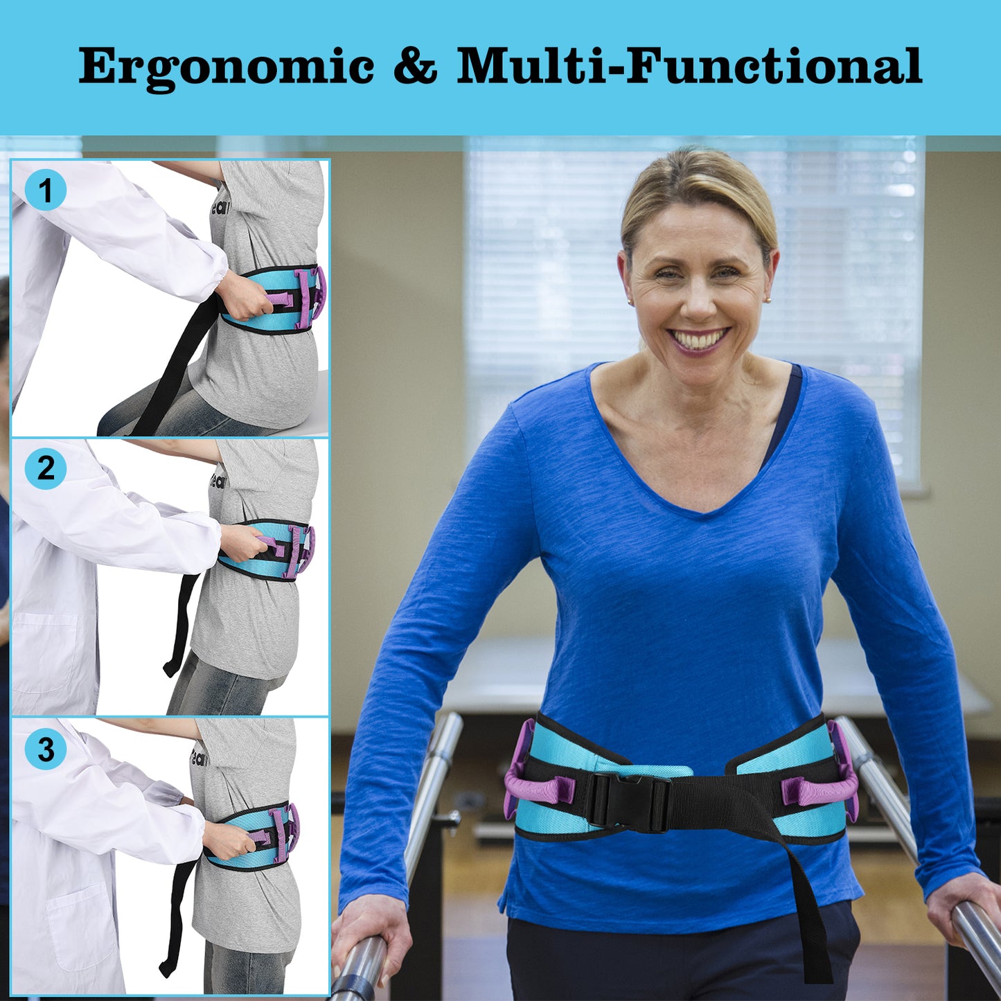 Gait Belt Transfer Aid, 7 Handles, Quick-Release Buckle