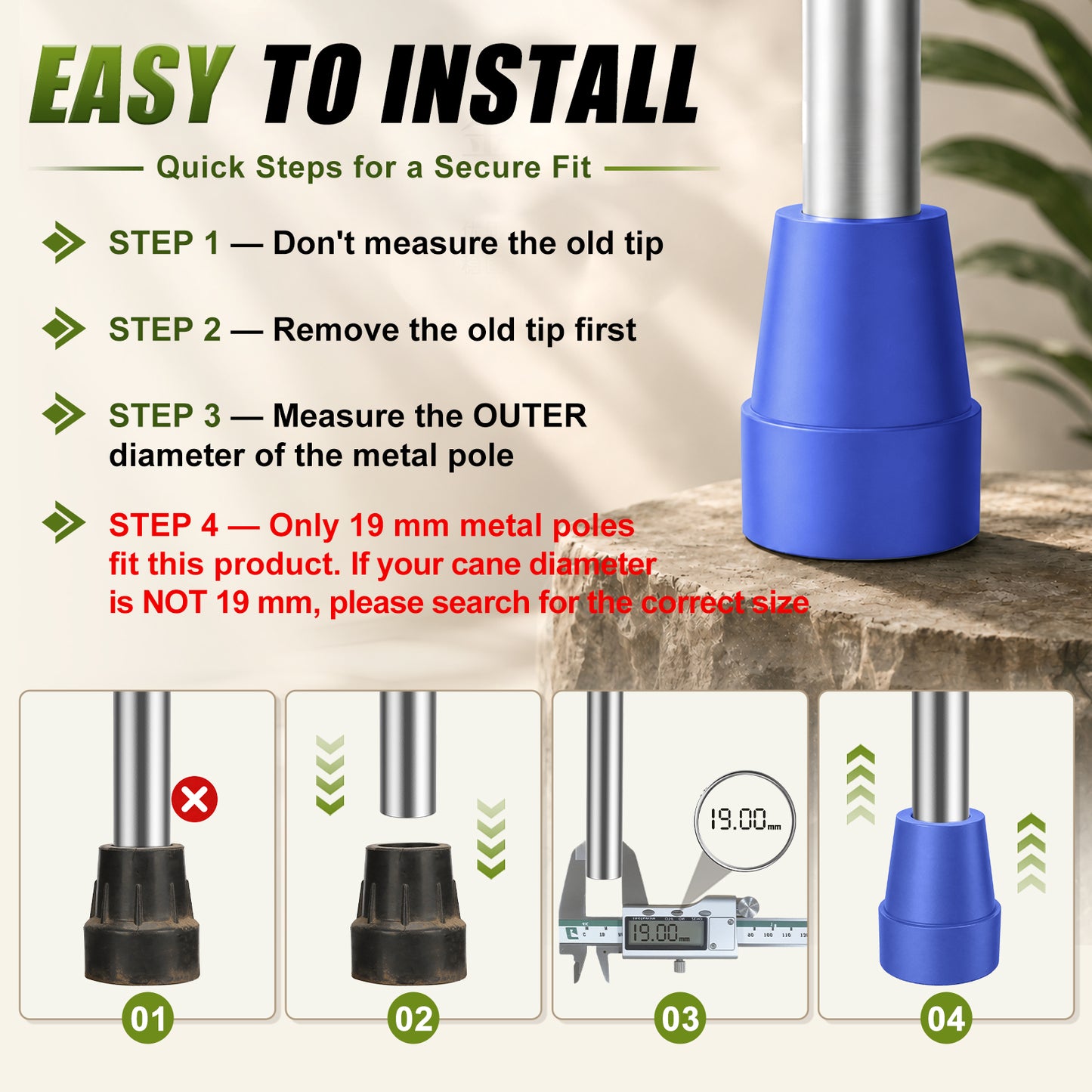 Universal Cane Tips 4-Pack Anti-Slip Rubber Replacement Tips