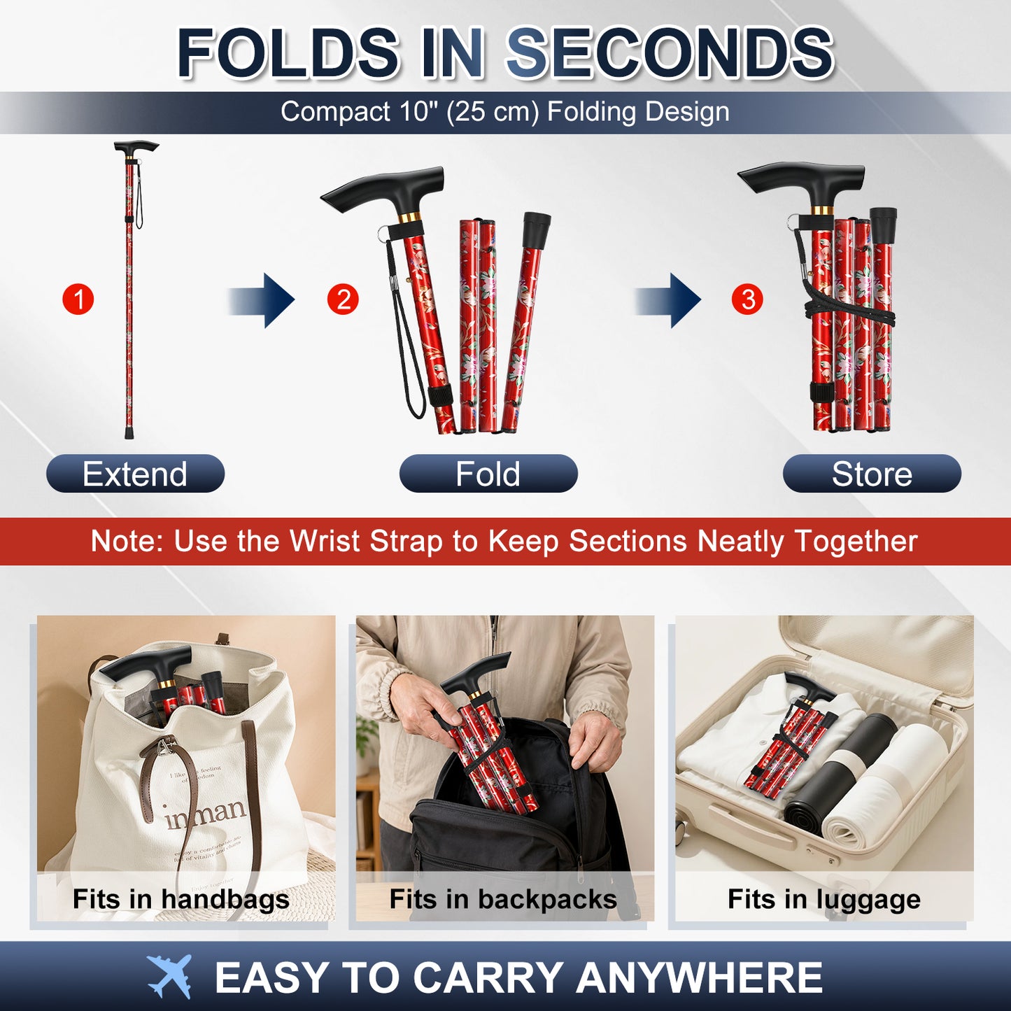 Folding Cane Adjustable Walking Stick Lightweight Travel Cane with T Handle