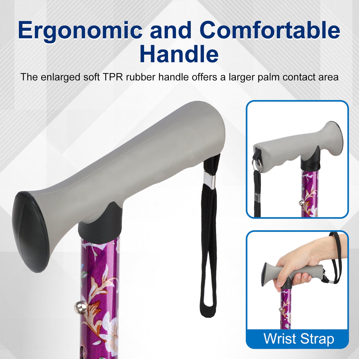 Folding Walking Cane, Adjustable Height, Lightweight Floral Cane