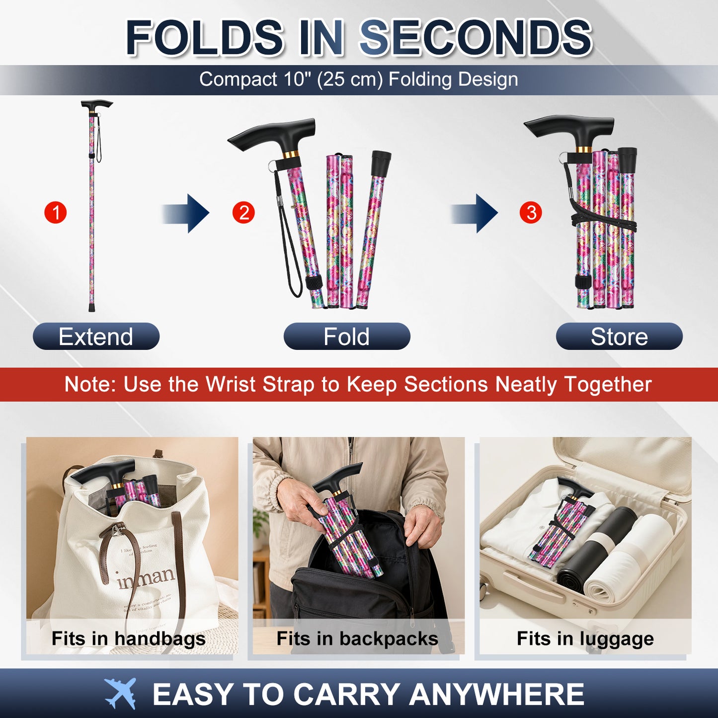 Folding Cane Adjustable Walking Stick Lightweight Travel Cane with T Handle