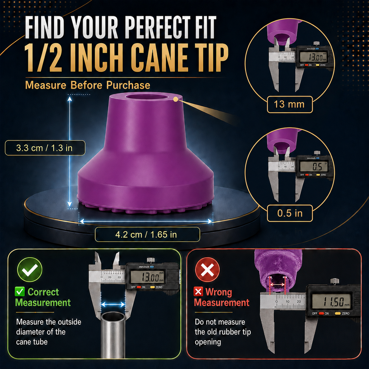 Heavy Duty Quad Cane Tips – Wider Anti-Slip Textured Rubber Feet for Enhanced Stability & Traction, Replacement Set 4PK/8PK