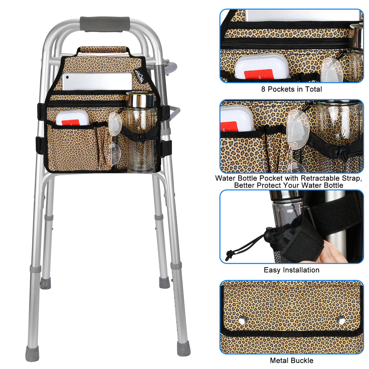 Walker Side Bag Organizer for Side Bar Walkers with 8 Pockets