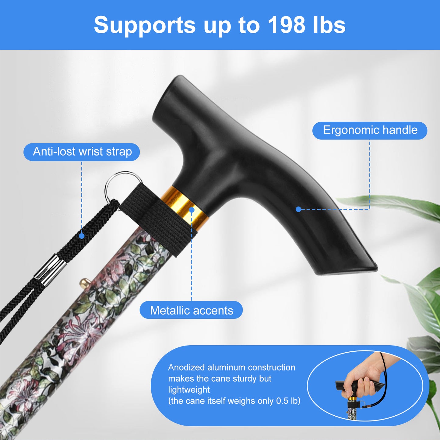 5-Level Adjustable Height Walking Stick Folding Cane