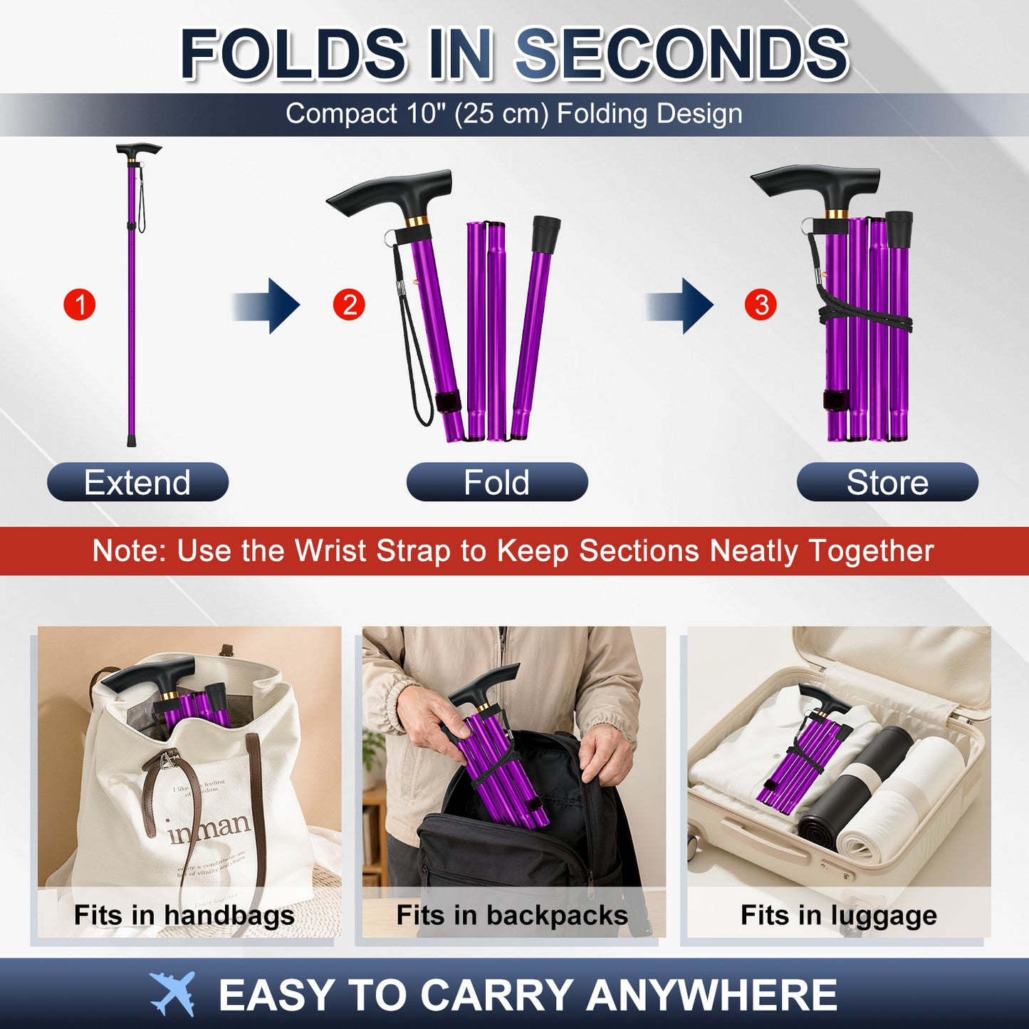Folding Cane Adjustable Walking Stick Lightweight Travel Cane with T Handle