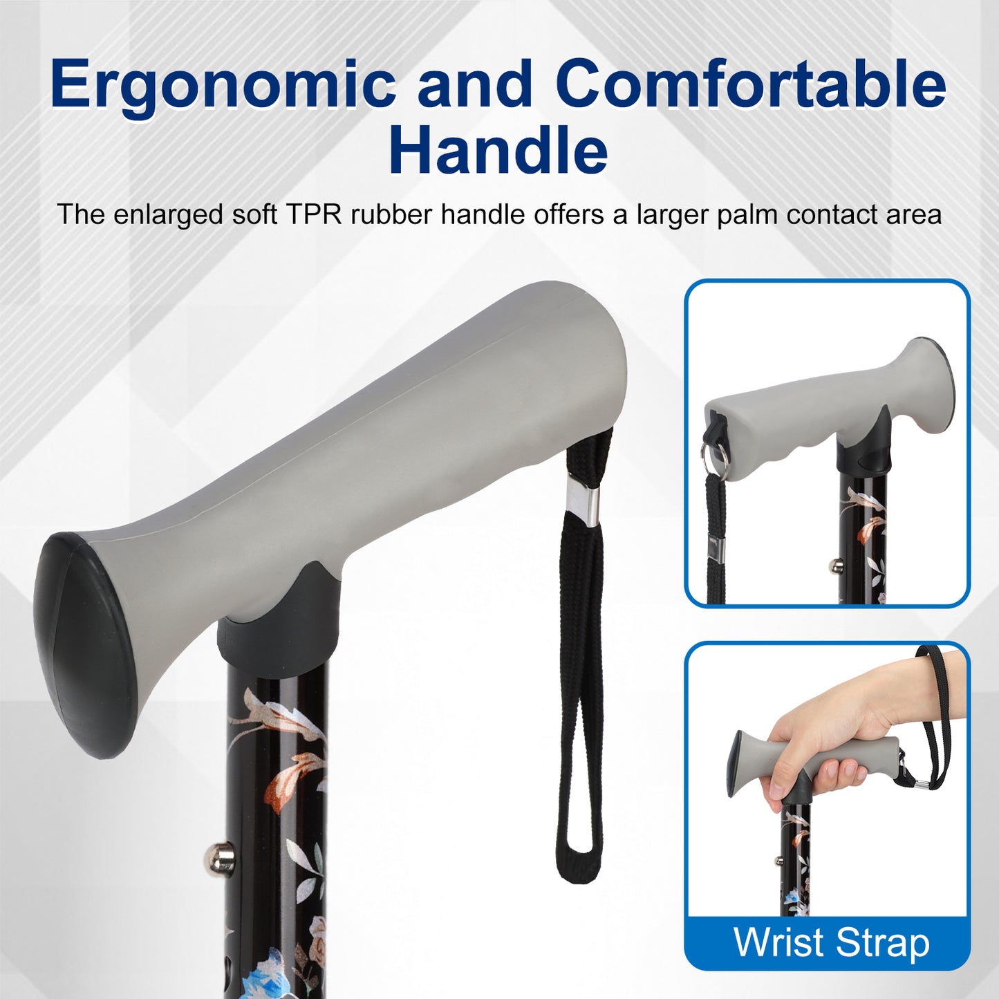 Folding Walking Cane, Adjustable Height, Lightweight Floral Cane